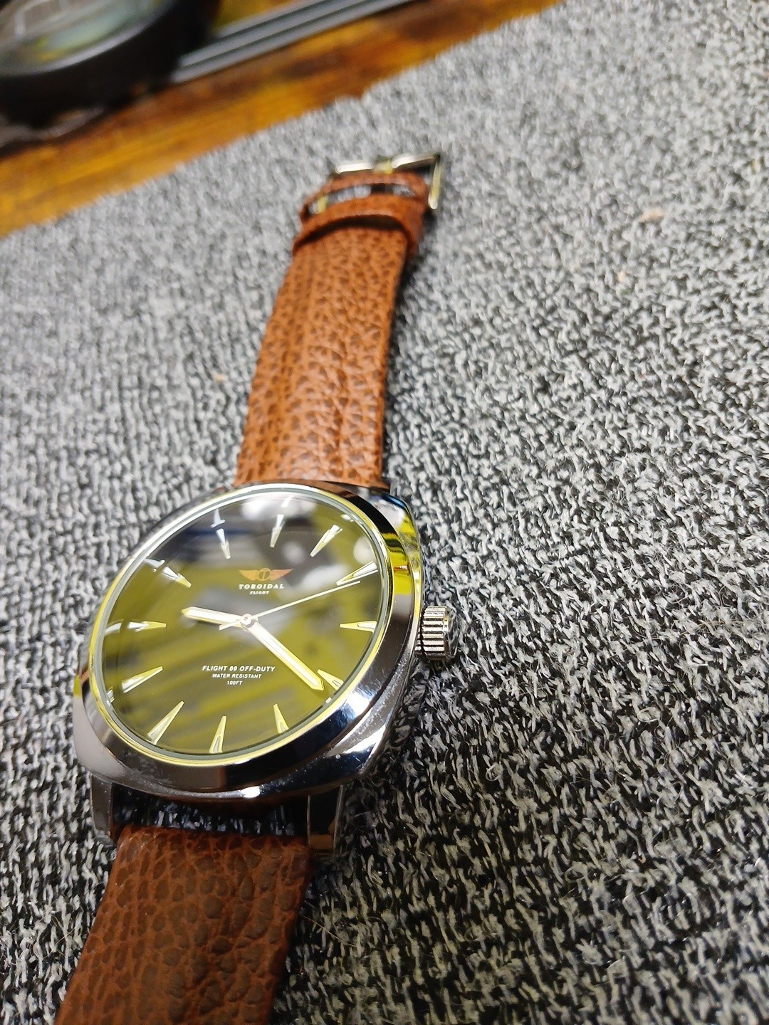 Torodial Flight Offduty Wristwatch. Black Face Sikver Bezel. Ostrich Type Band