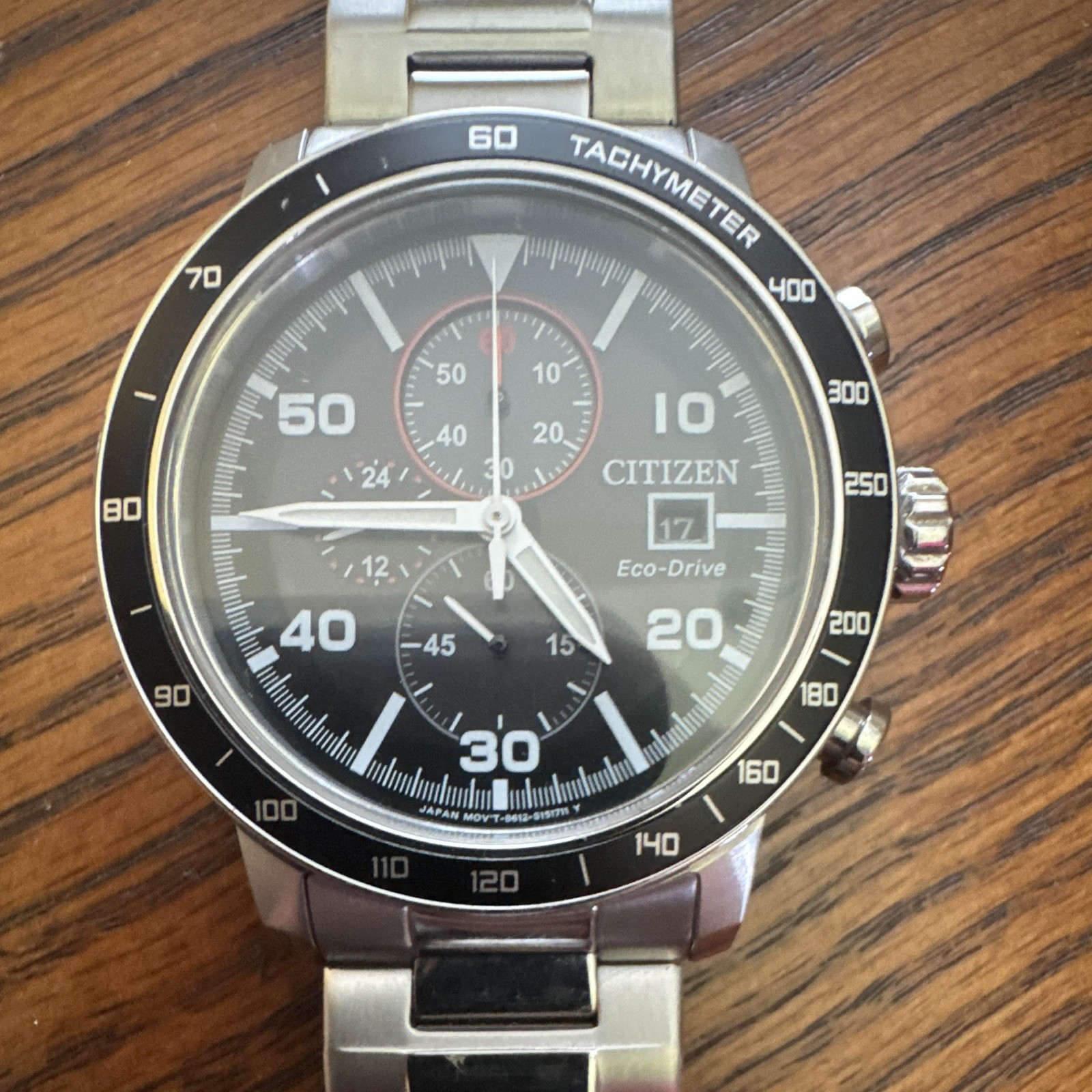 Citizen Eco-Drive Chronograph Date Black Dial Silver Bracelet 43mm 10 bar
