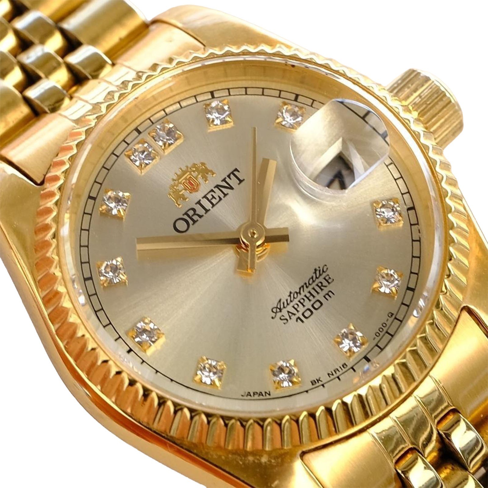 ORIENT President Automatic Ladies Gold Tone Sapphire Watch NR16 Day Date Auth JP