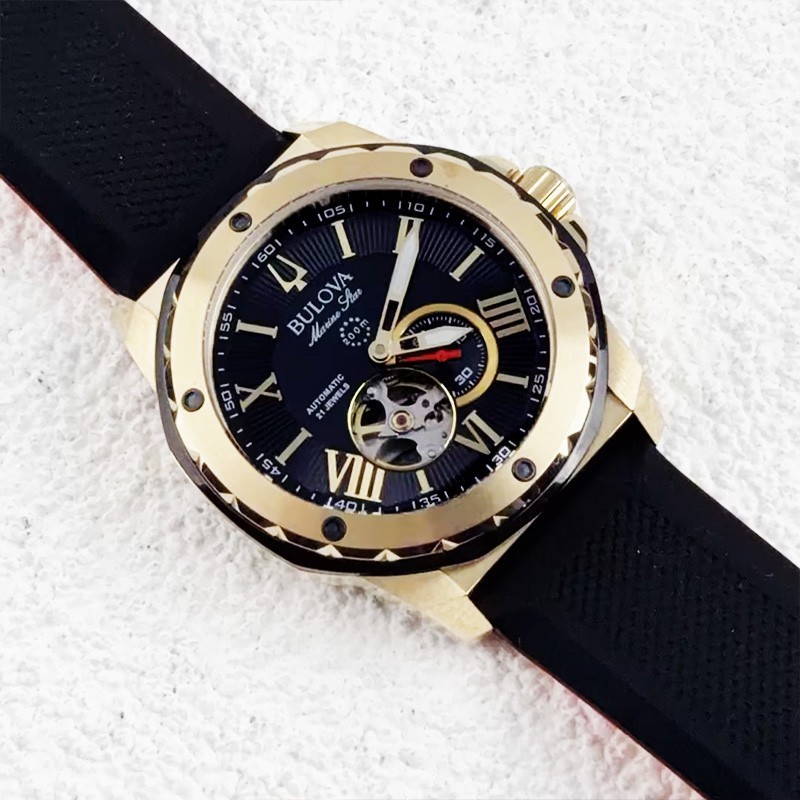 Bulova Marine Star A 98A272 Black Gold Dial Rubber Strap Automatic Men’s Watch