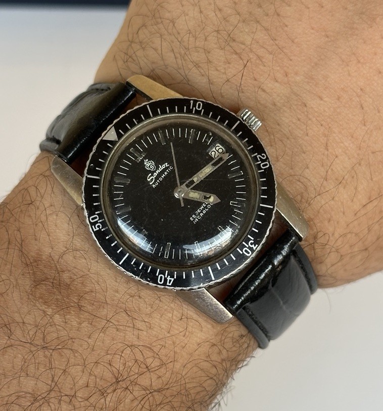 Rare Vintage Sandoz Automatic Skin Diver Watch 25 Jewels 37mm Boxed Black Date