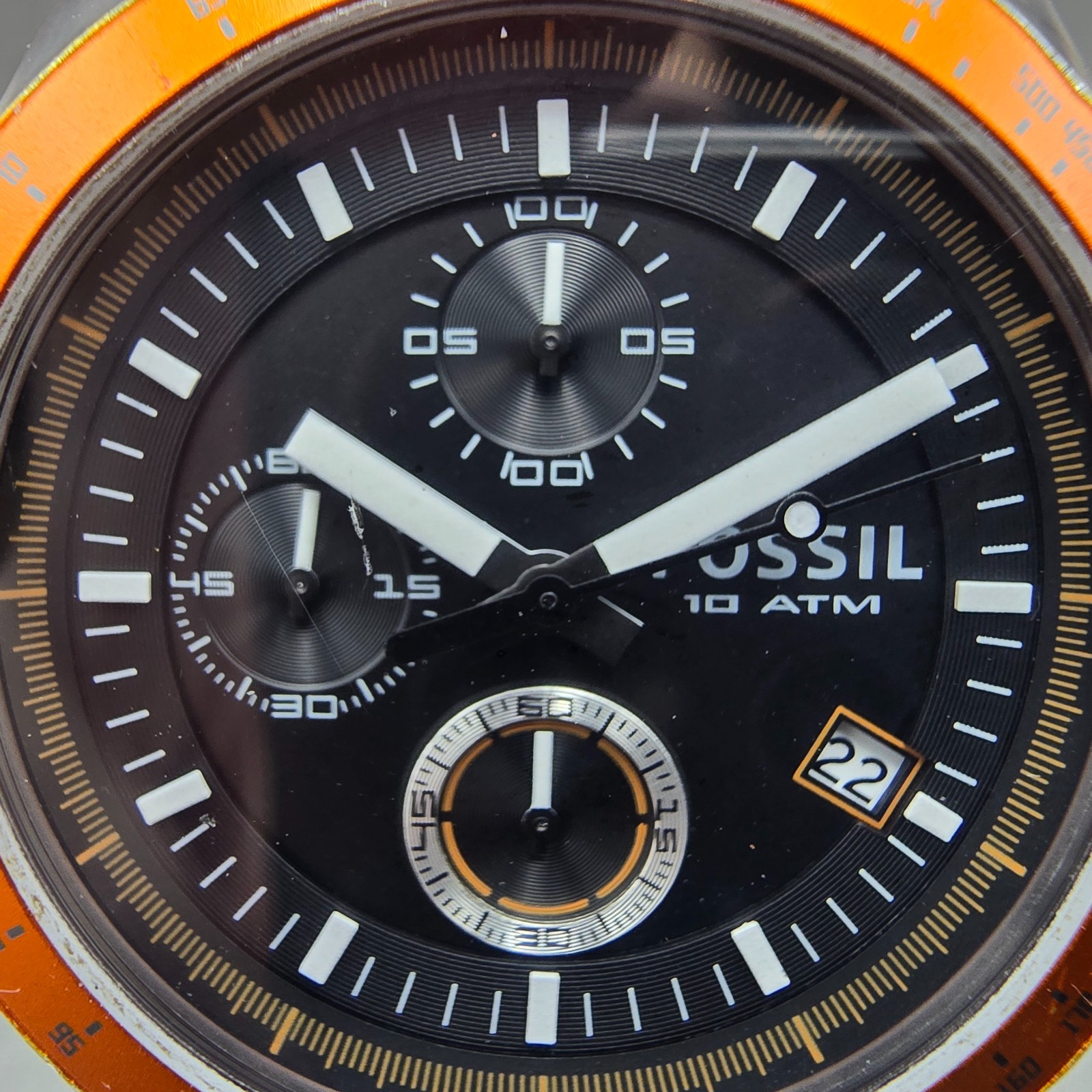 Fossil Chronograph Watch Men 43mm Black Dial Gray Tone Orange CH-2785 NewBattery