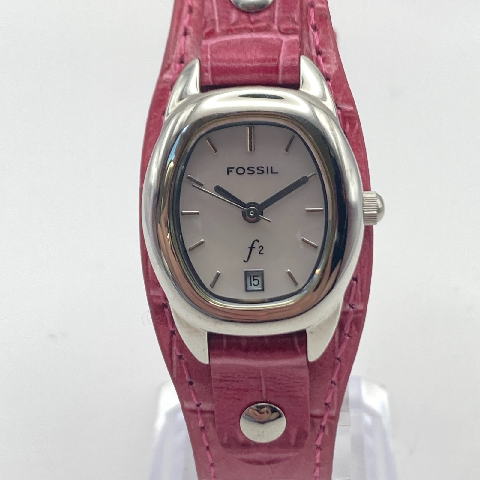 Fossil F2 Women’s Watch 23mm Silver Tone Date Pink Leather Cuff MOP New Battery