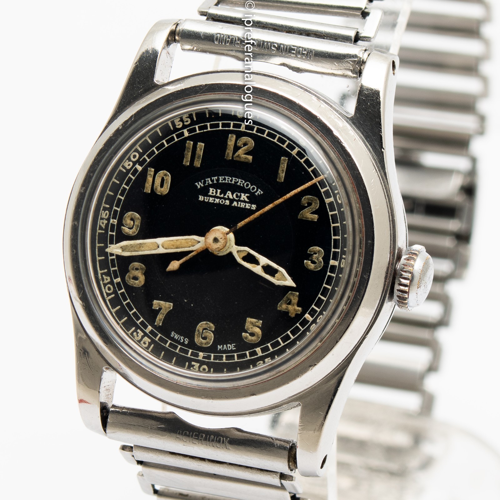 Extra Rare Helvetia Waterproof Military Signed Black in Buenos Aires c.1941 30mm