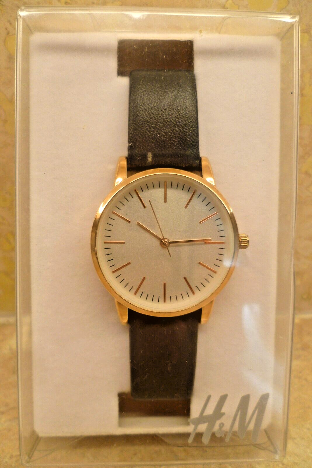 Smart Quartz H&M Watch Rose Gold Black Strap Champagne Ivory 30mm Face Dial