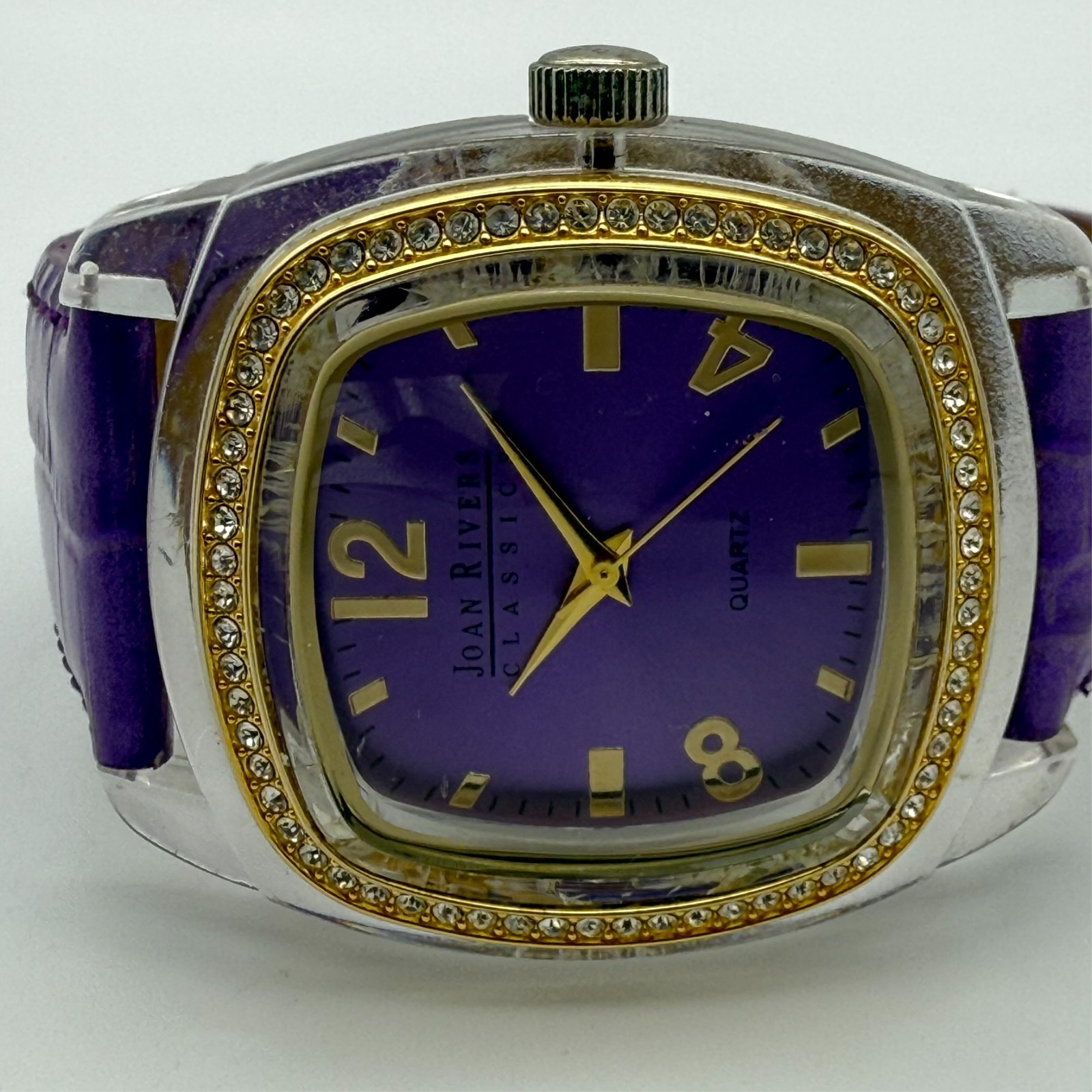 Women’s JOAN RIVERS Clear & Gold Tone 38mm Analog Watch, Purple Leather Band