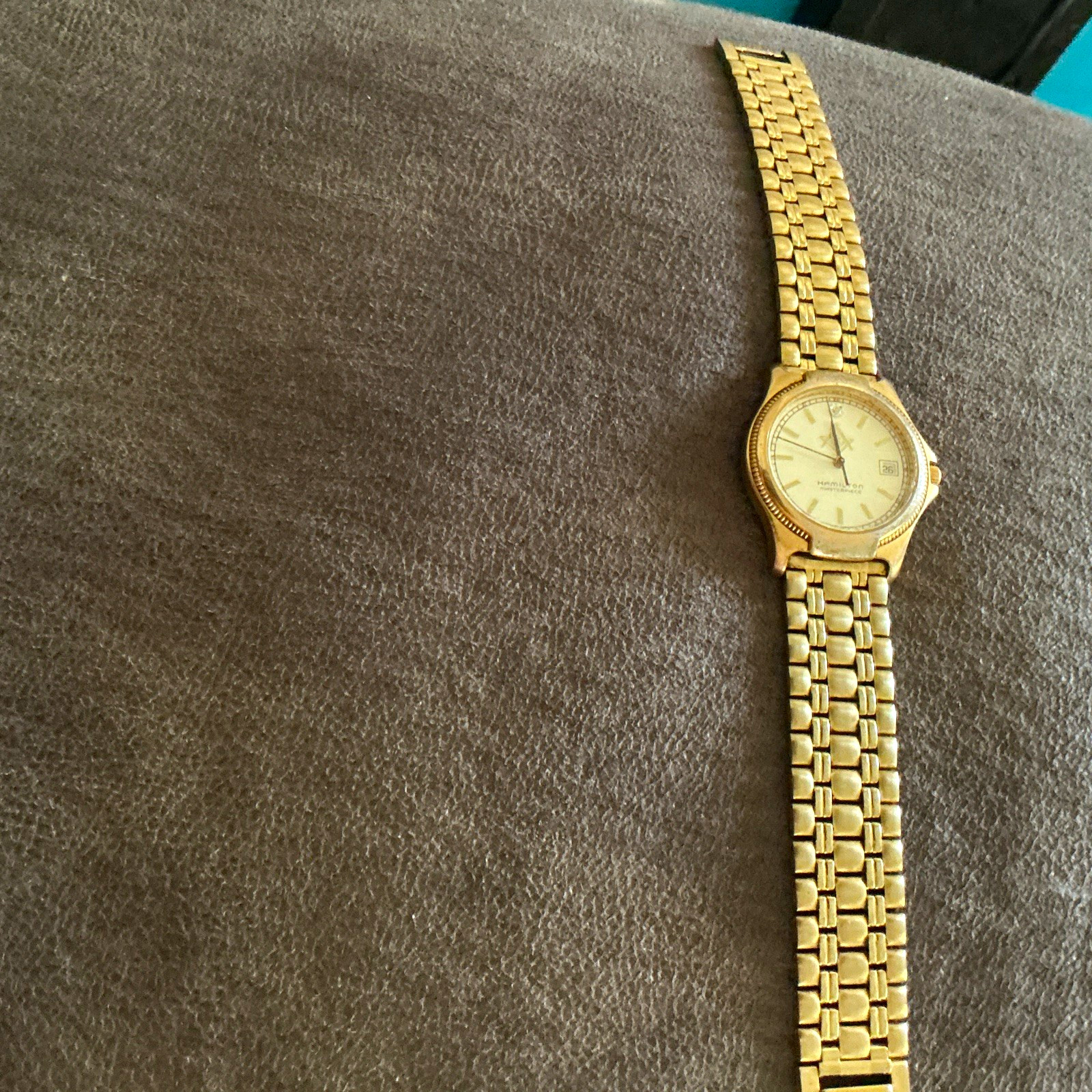 Hamilton Quartz Gold-Tone Analog Date Watch 24mm Round Stick Index Bracelet