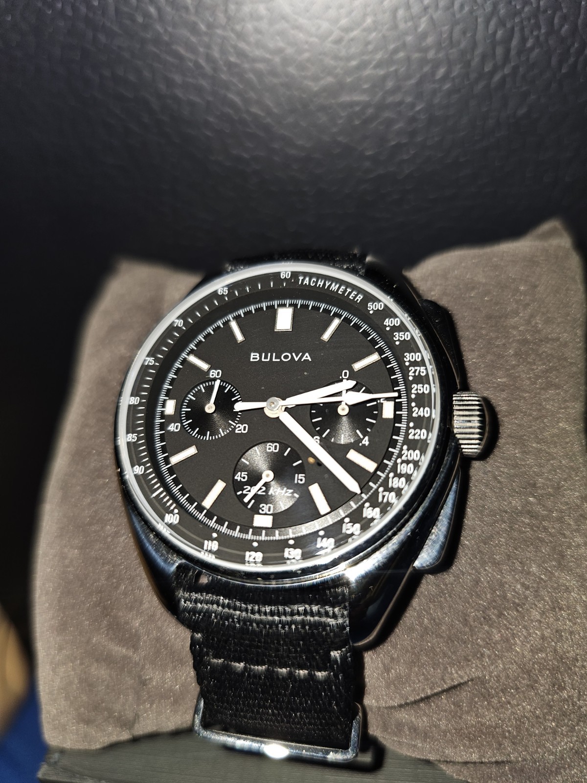 Bulova Lunar Pilot Quartz Chronograph Tachymeter Black Dial NATO Strap Box