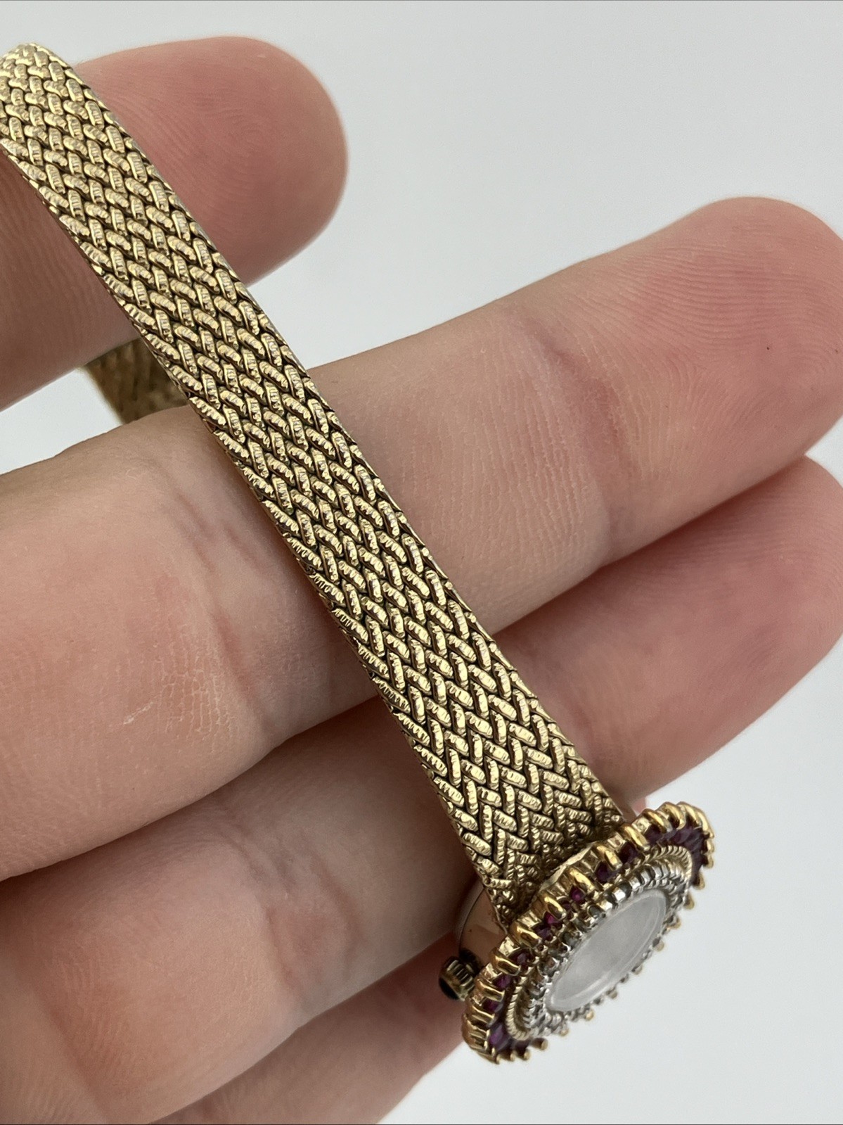 Vtg Jules Jurgensen Ladies 20mm Watch Gold Tone Diamon & Ruby Bezel Adjust -RUNS