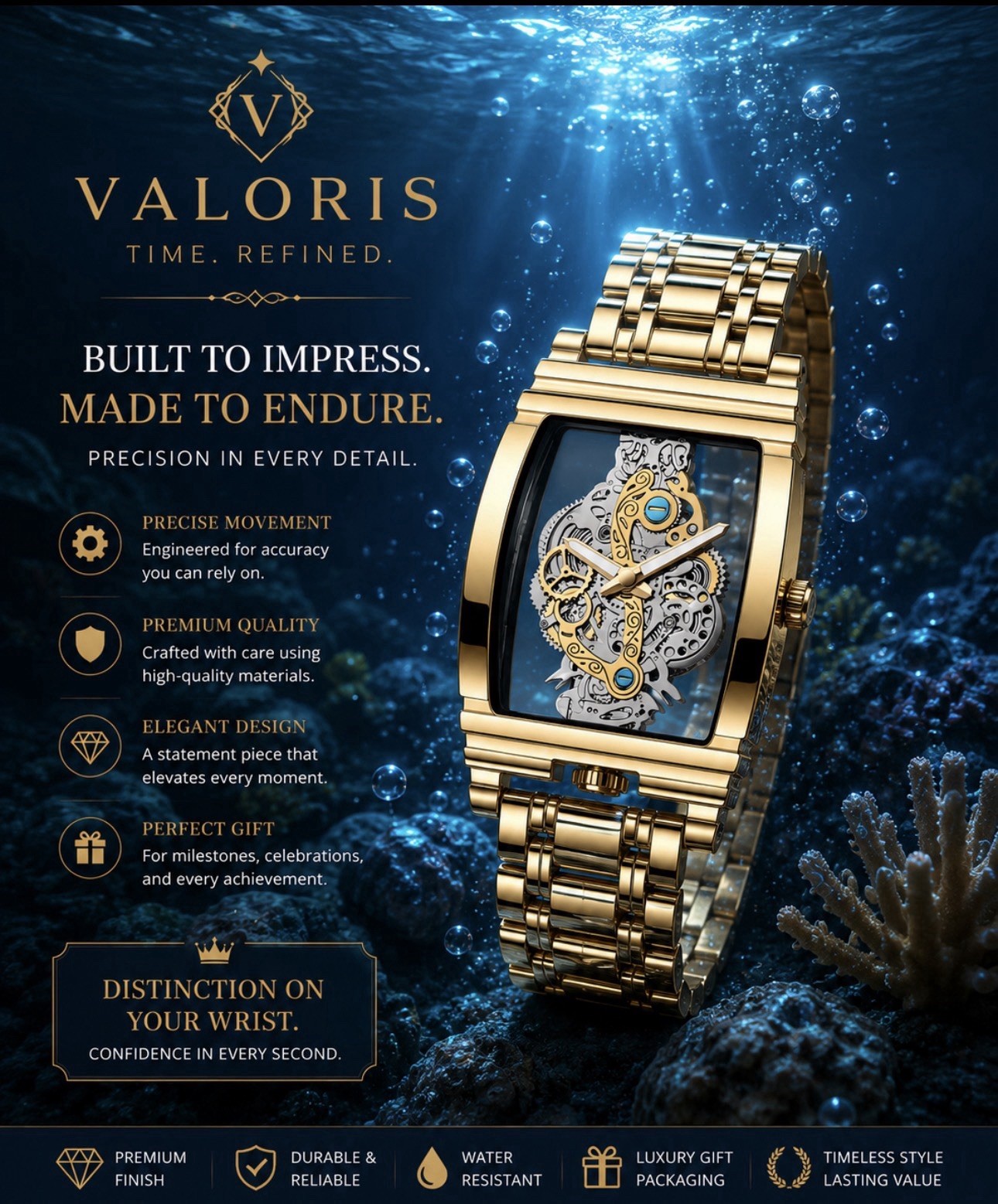 Golden Elegance Skeleton Dial Manual Mechanical Watch Gold Tone Square Bracelet