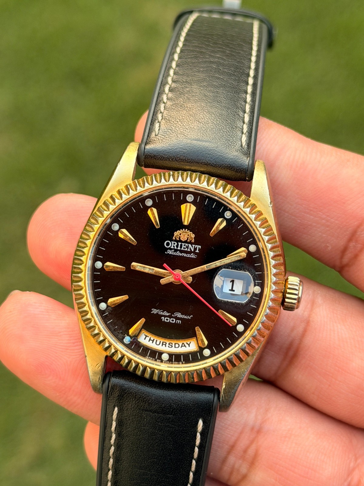 Vintage Orient president automatic day/date black dial men’s wrist watch Japan