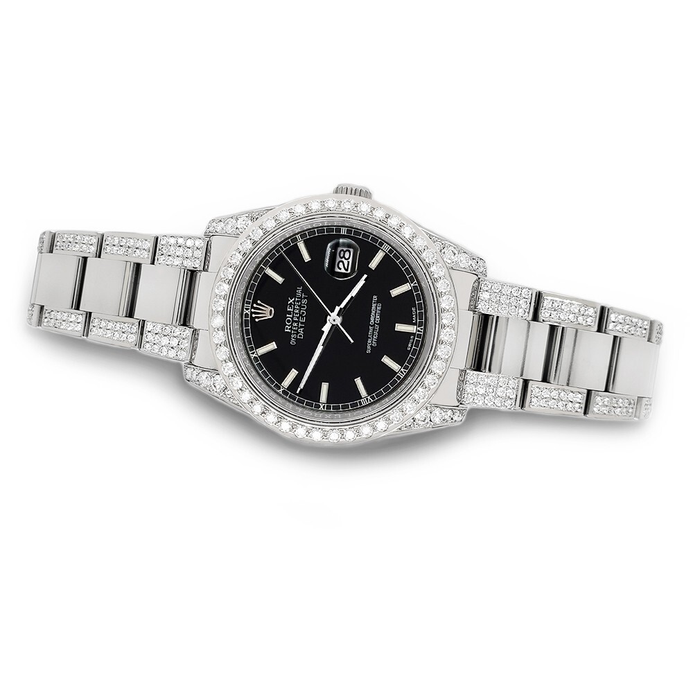 Rolex Datejust 36mm 5.9ct Diamond Bezel/Lugs/Bracelet/Black Stick Dial Watch