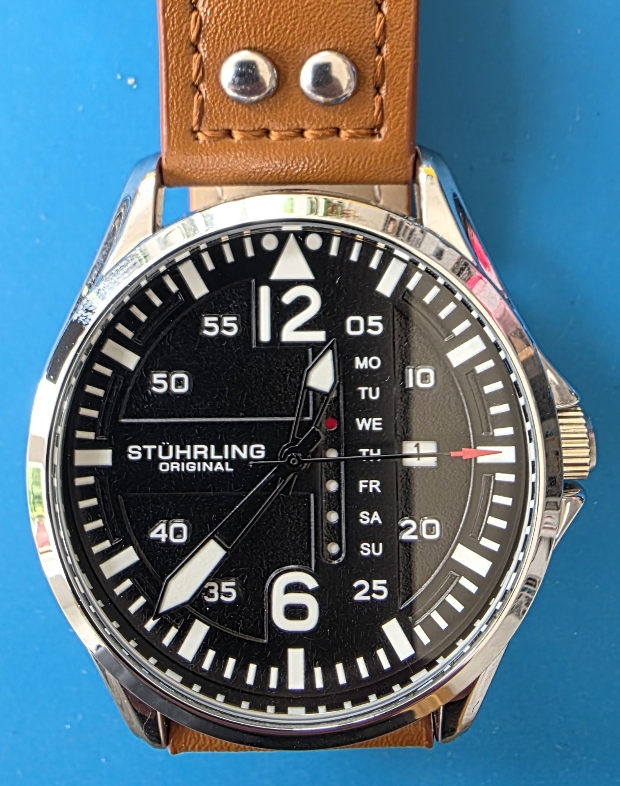 Stuhrling Original Men’s Quartz Watch Day Date Black Dial Brown Leather Strap