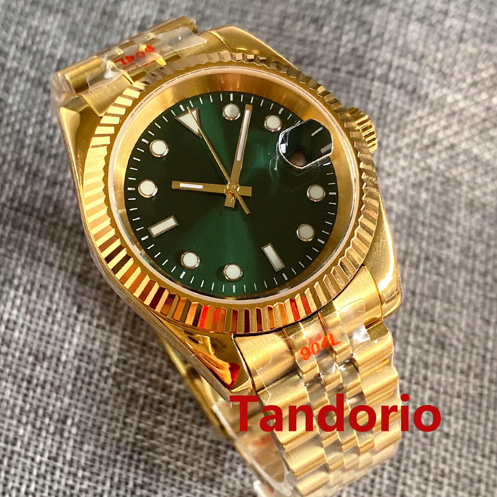 39mm Bliger Green Dial Gold Plated Sapphire Glass NH35A PT5000 Auto Fluted Bezel