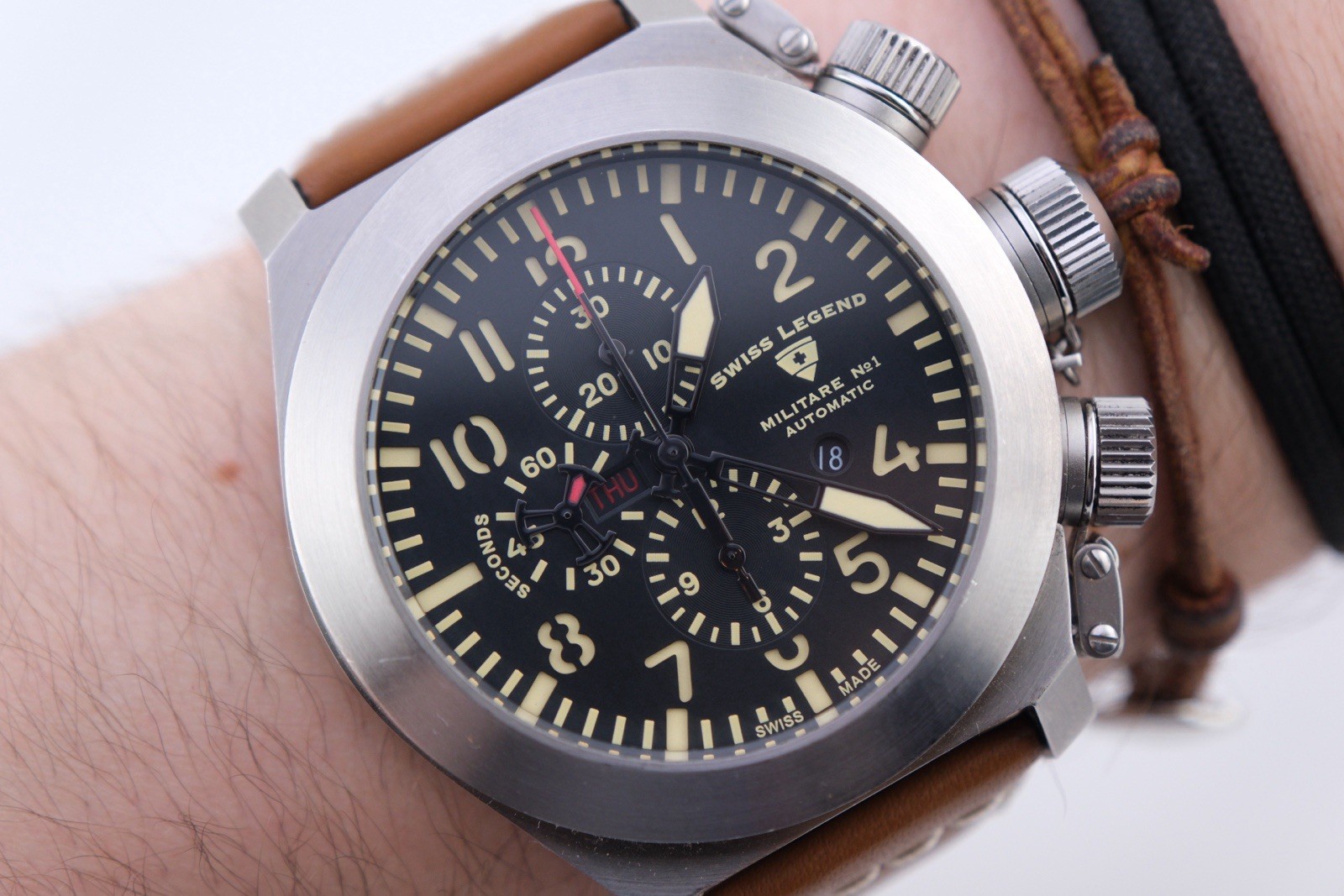 Swiss Legend Militare No1 Automatic Chronograph 45mm Black Dial Leather Working