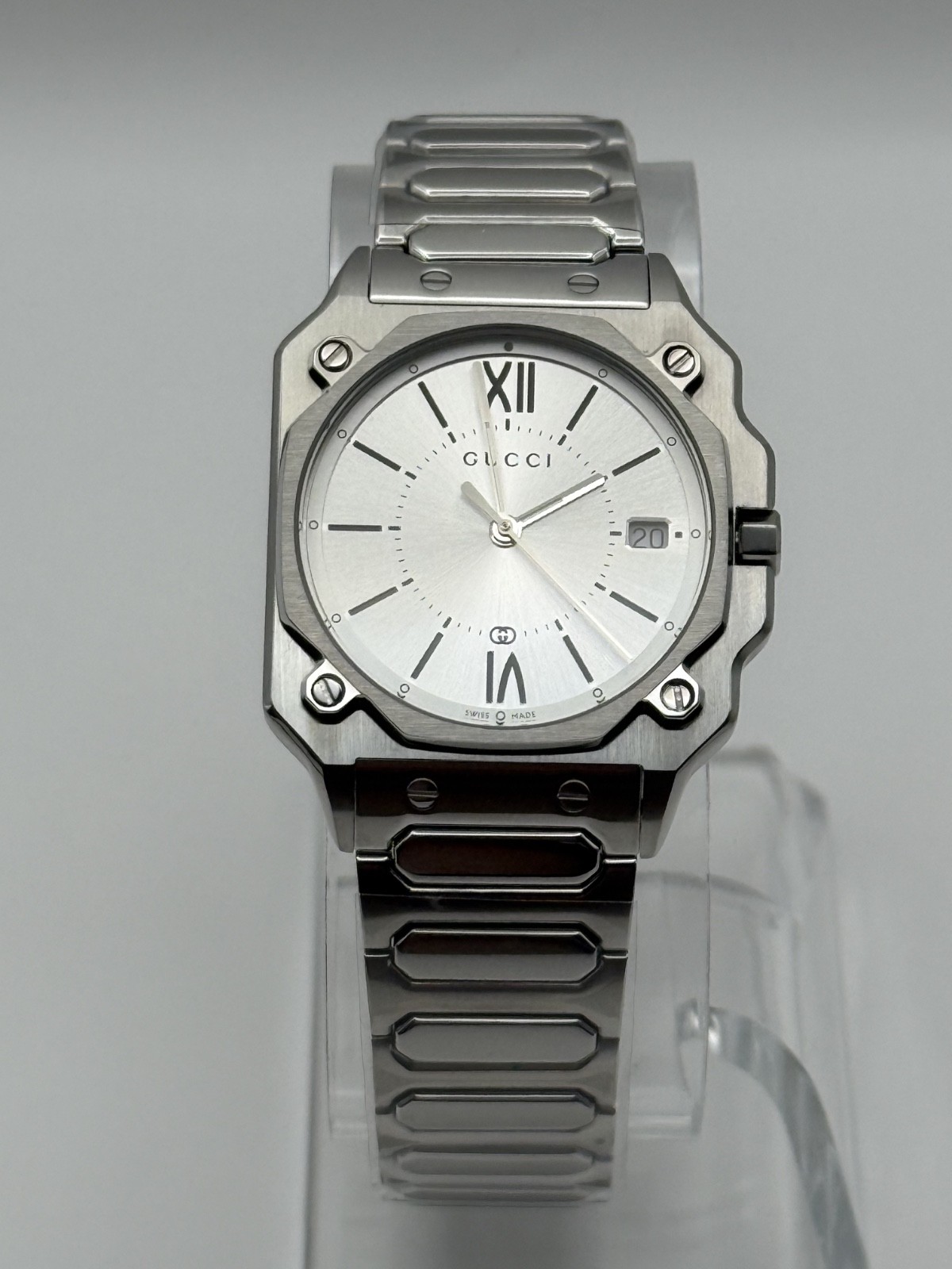 Gucci G-Flat Quartz Stainless Steel 30mm Silver Dial Women’s Watch YA166504
