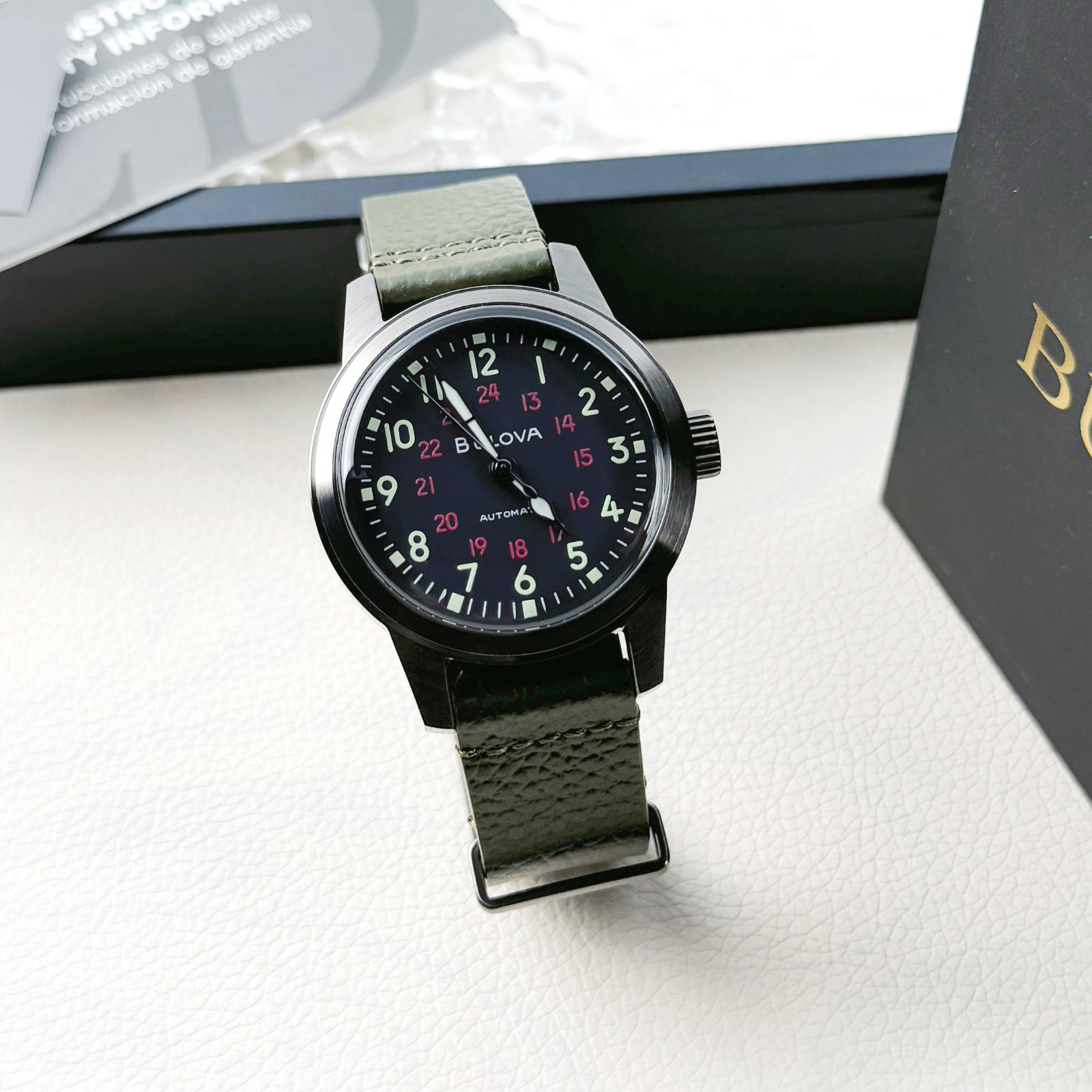 Bulova VWI Hack Automatic Black Dial Leather Strap Men’s Watch 98A255 38mm