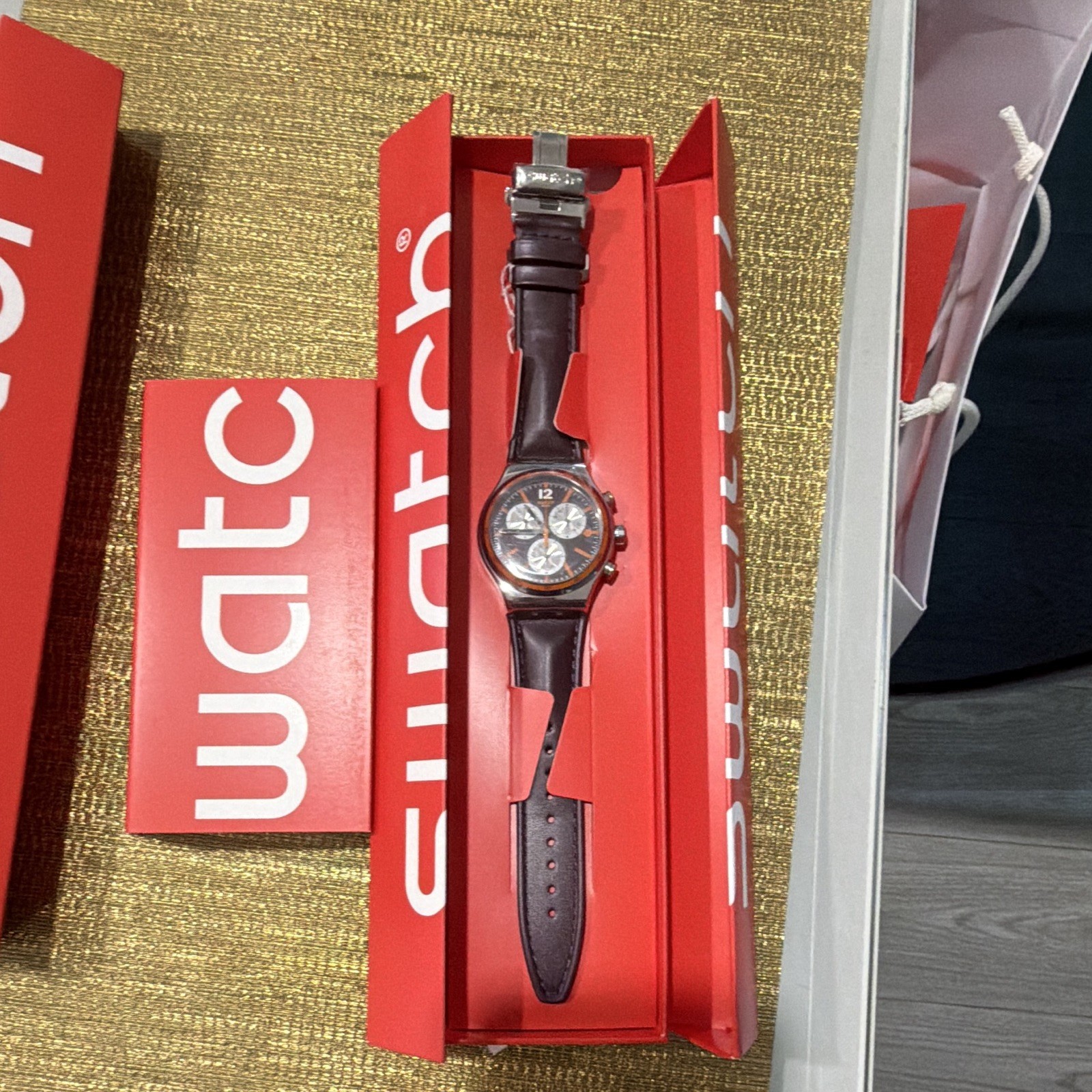 Swatch Chronograph Analog Watch Gray/Orange Dial Brown Leather Strap Box