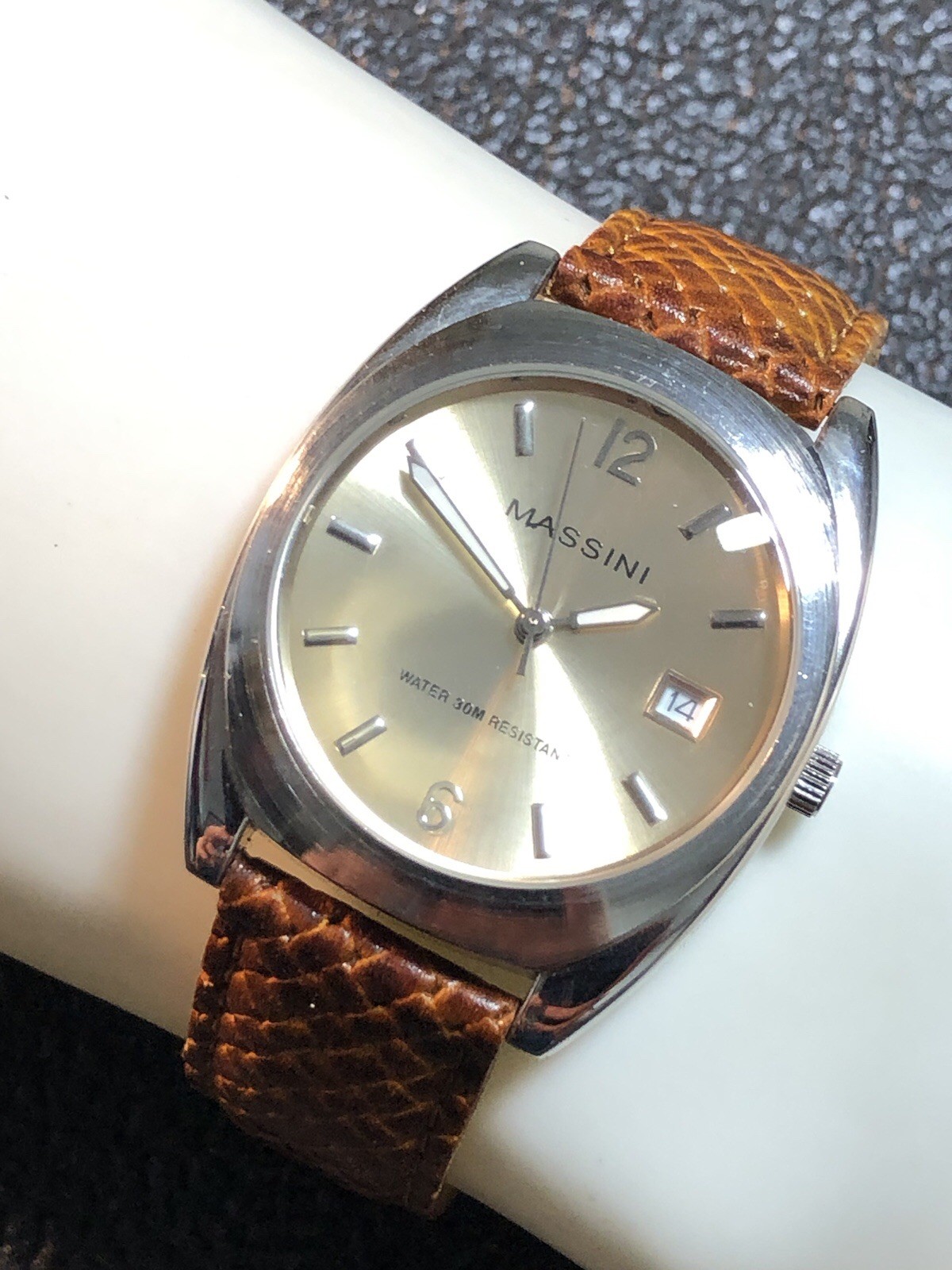 Massini Watch Silver Tone Brown Leather Band Japan Quartz,Date,35mm New Battery