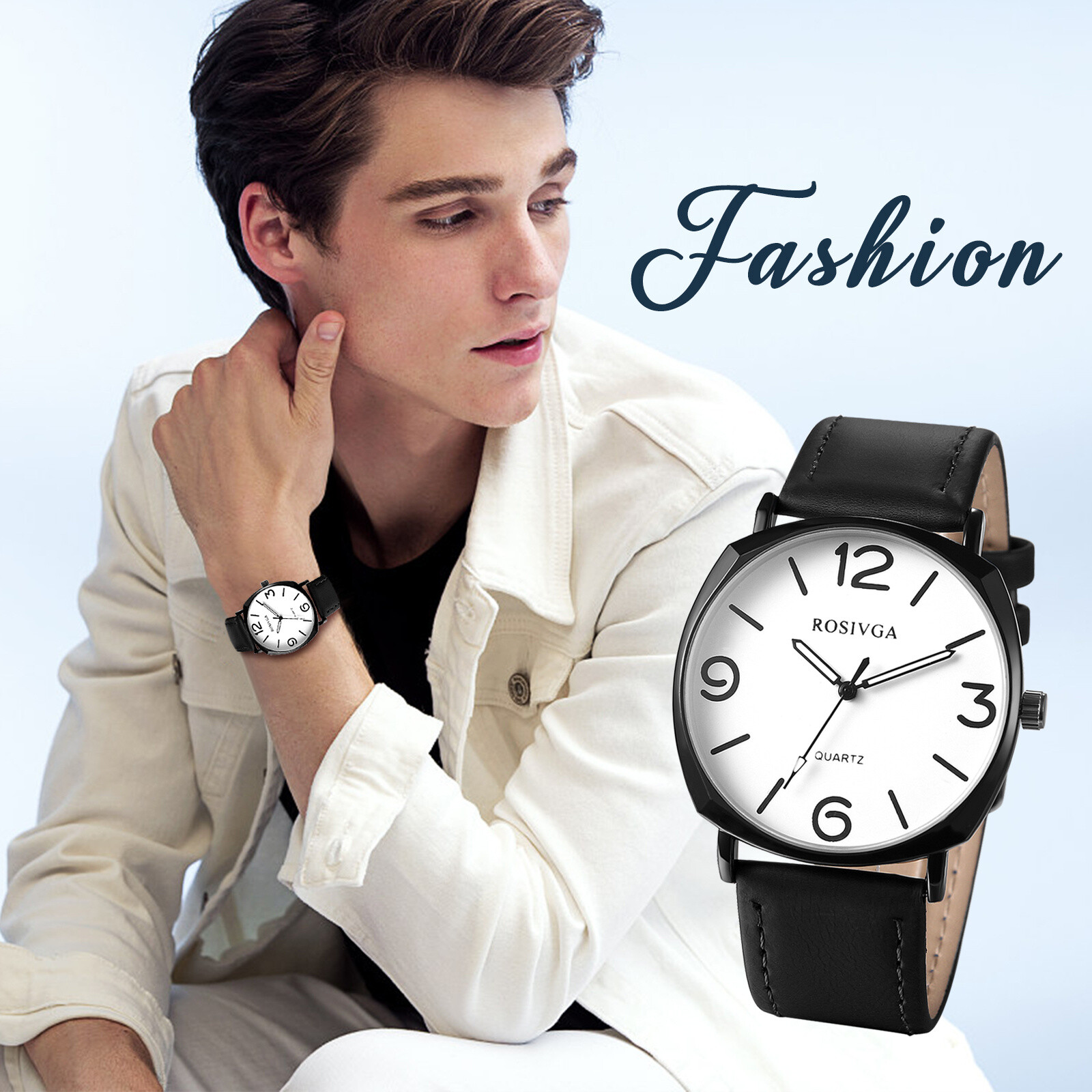 Simple Casual Men’s Large Digital Dial PU Leather Band Quartz Analog Wrist Watch