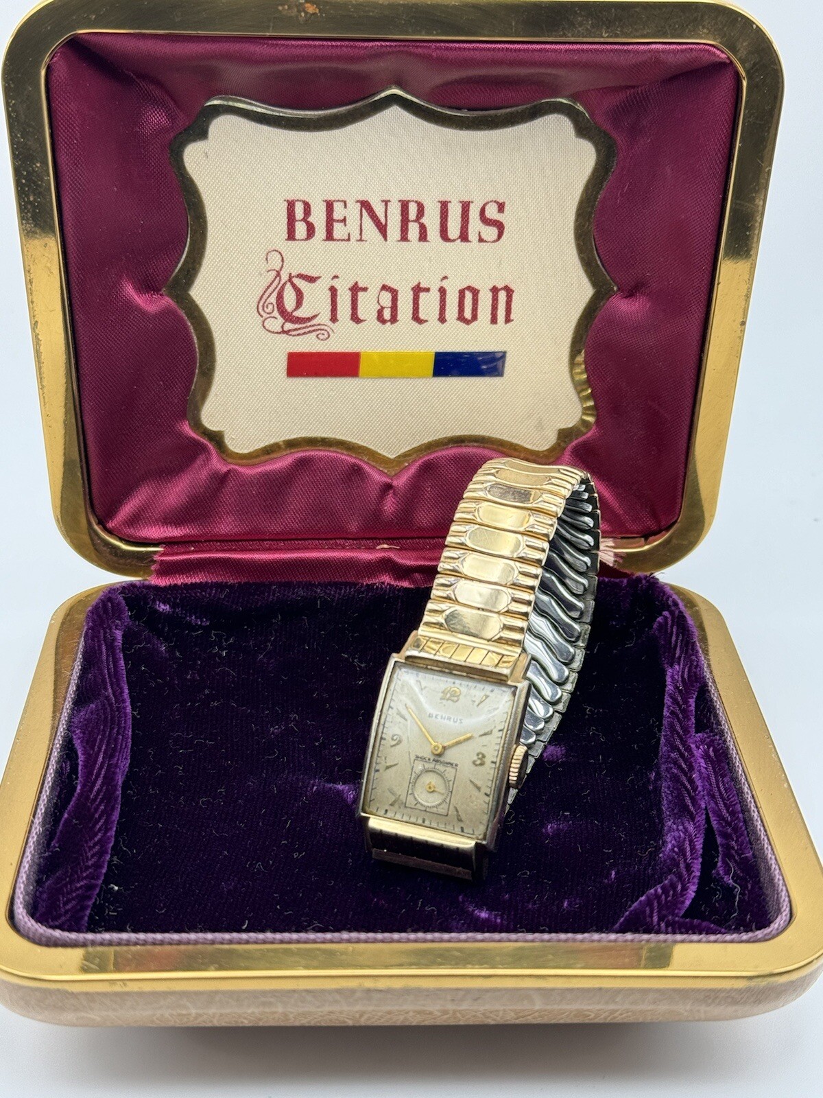 Benrus, Tank Style, Mechanical Watch With Box, Parts/ Repair, Vintage
