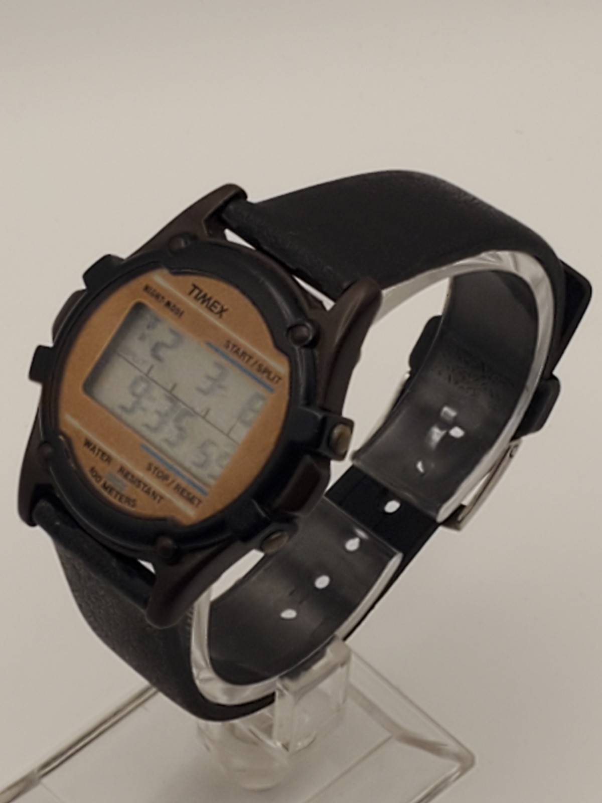 Timex Watch Men 100m Plastic Brown Light Alarm Date Black Rubber Band Quartz