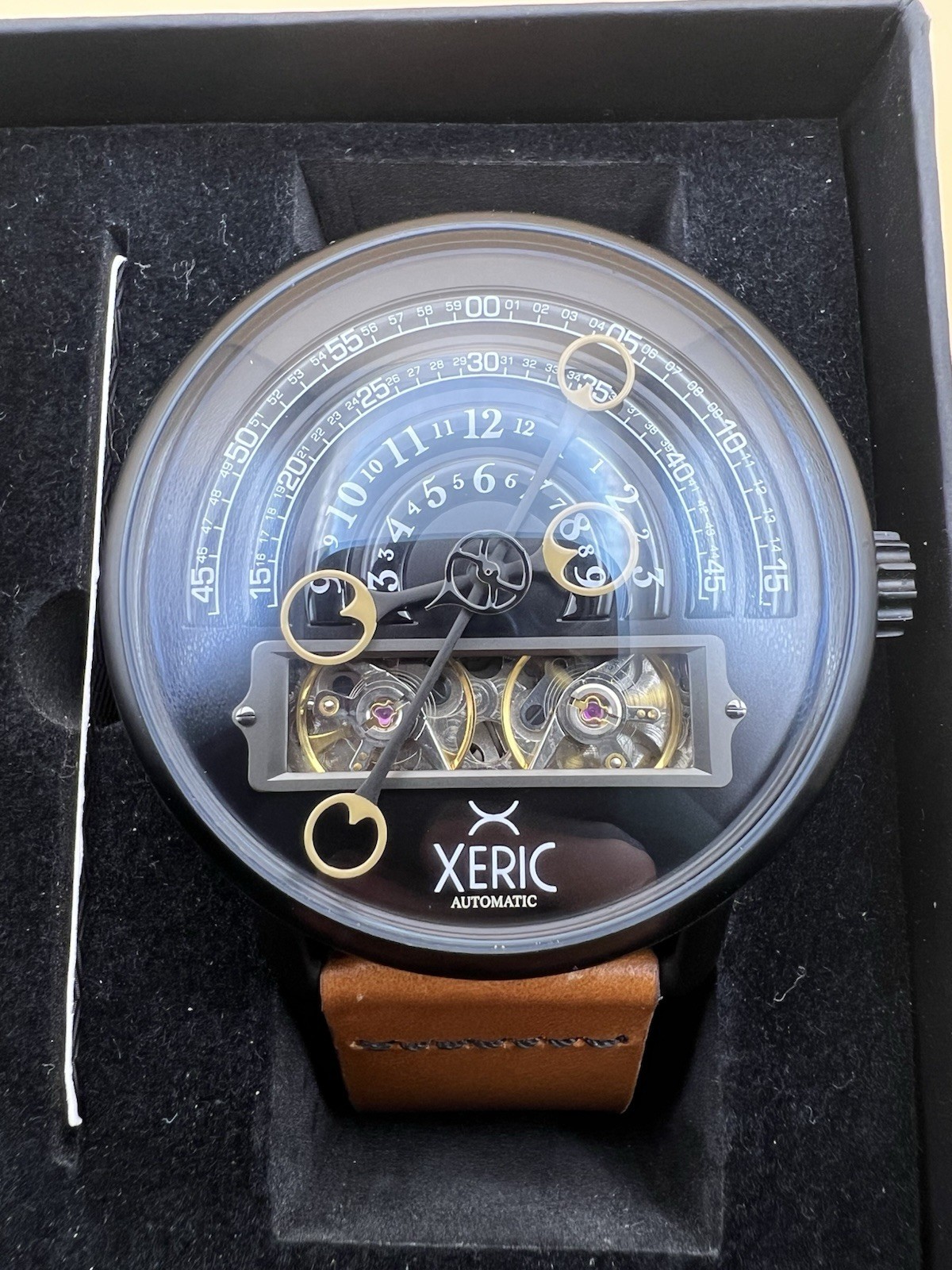 Xeric Halograph Automatic Men’s Watch Black Brown Leather Box Running 46mm