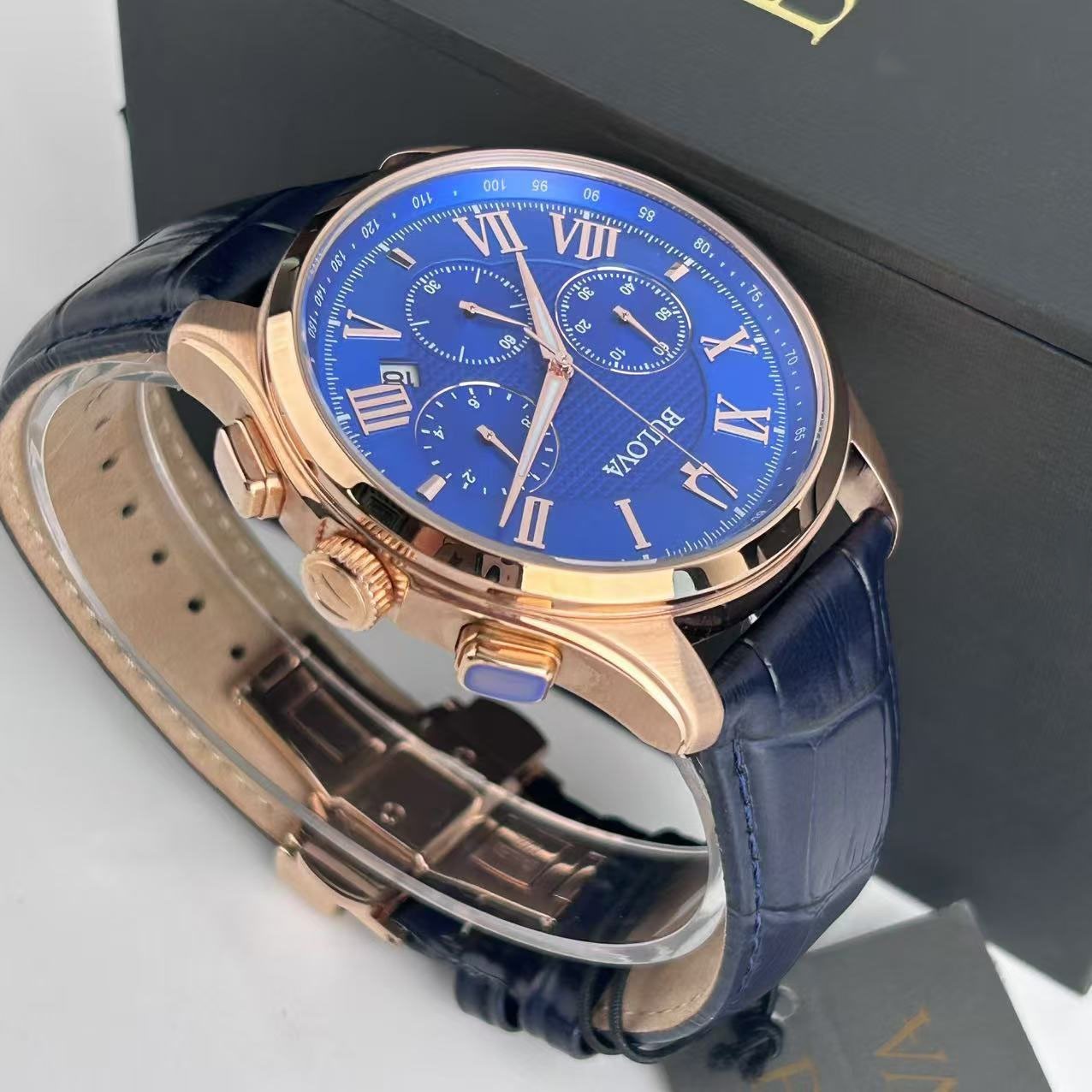 Bulova Wilton Classic 97B170 Blue Dial Leather Strap Men’s Quartz Watch 46.5 mm