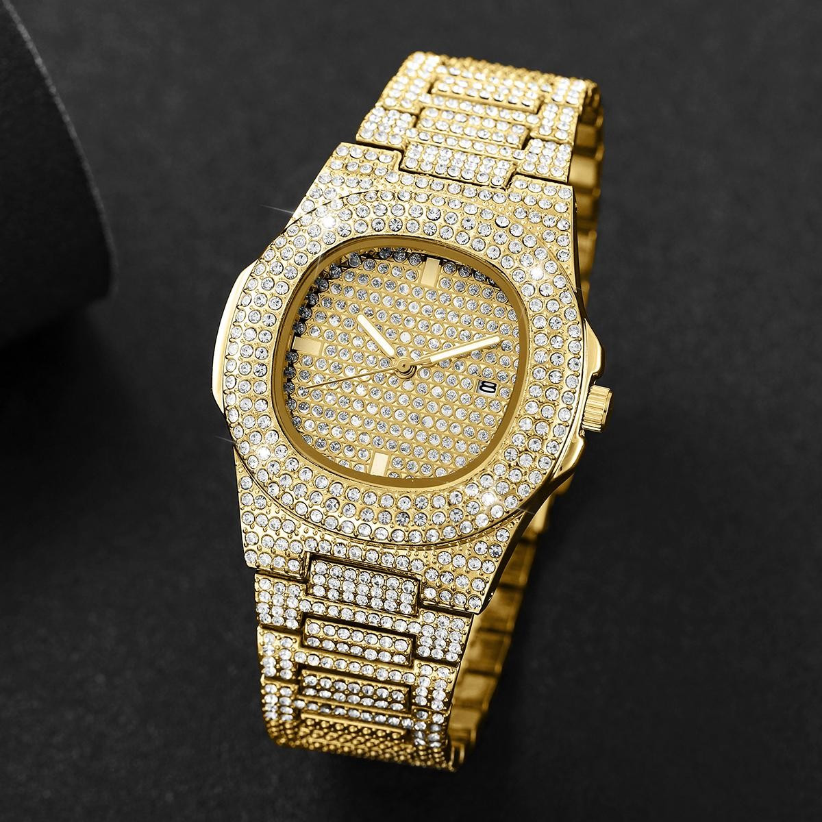 Luxury Full Diamond Men’S Stainless Steel Watches Male Sports Quartz Wristwatch