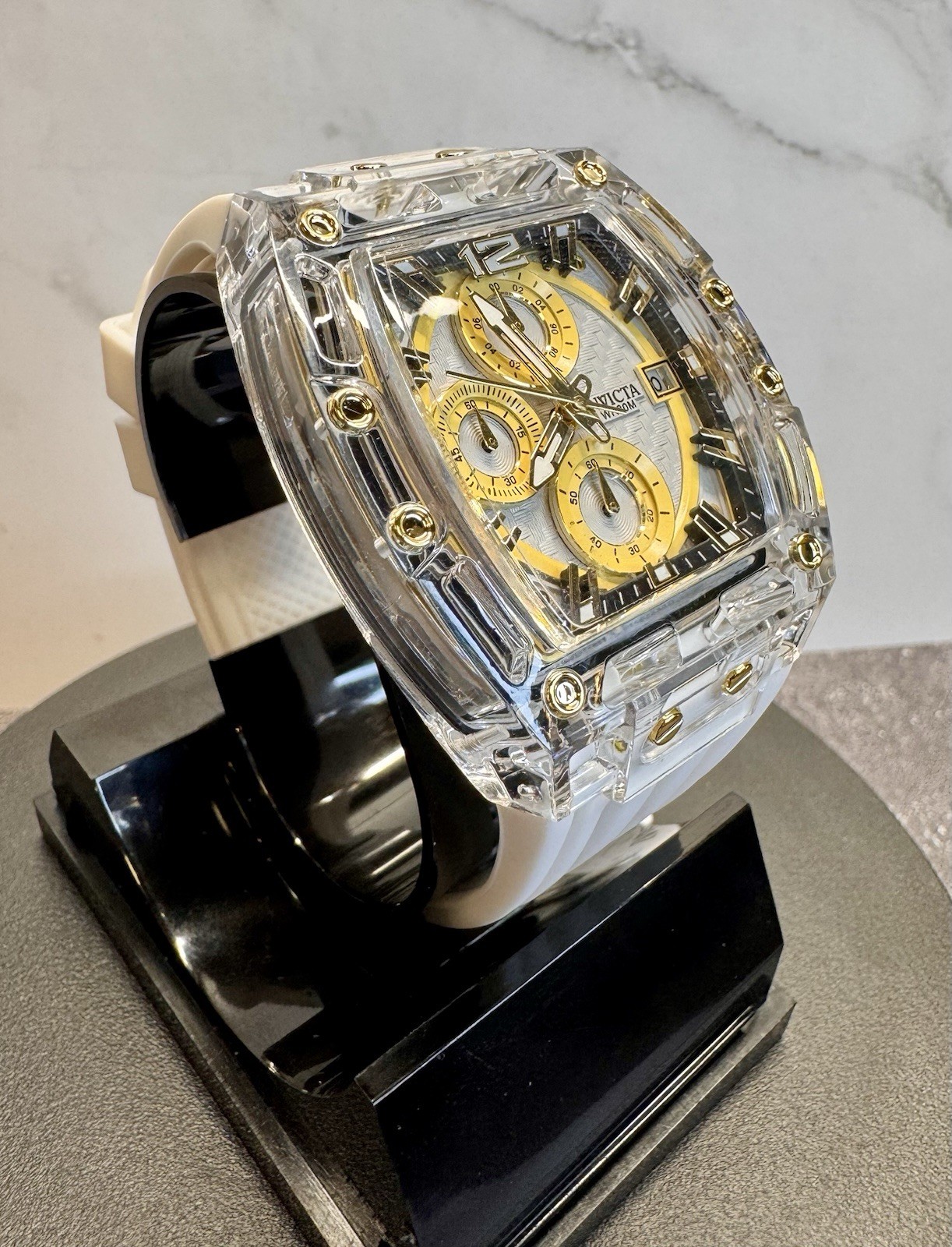 Invicta S1 Rally Allogrip 70147 42mm Clear/Gold Case White Strap Chronograph NIB