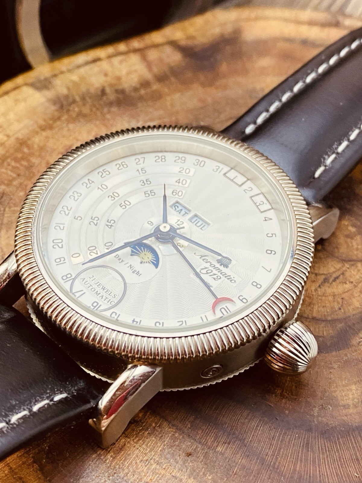 AEROMATIC 1912 GERMANY A1281 STAINLESS STEEL GENUINE LEATHER WRISTWATCH #7358