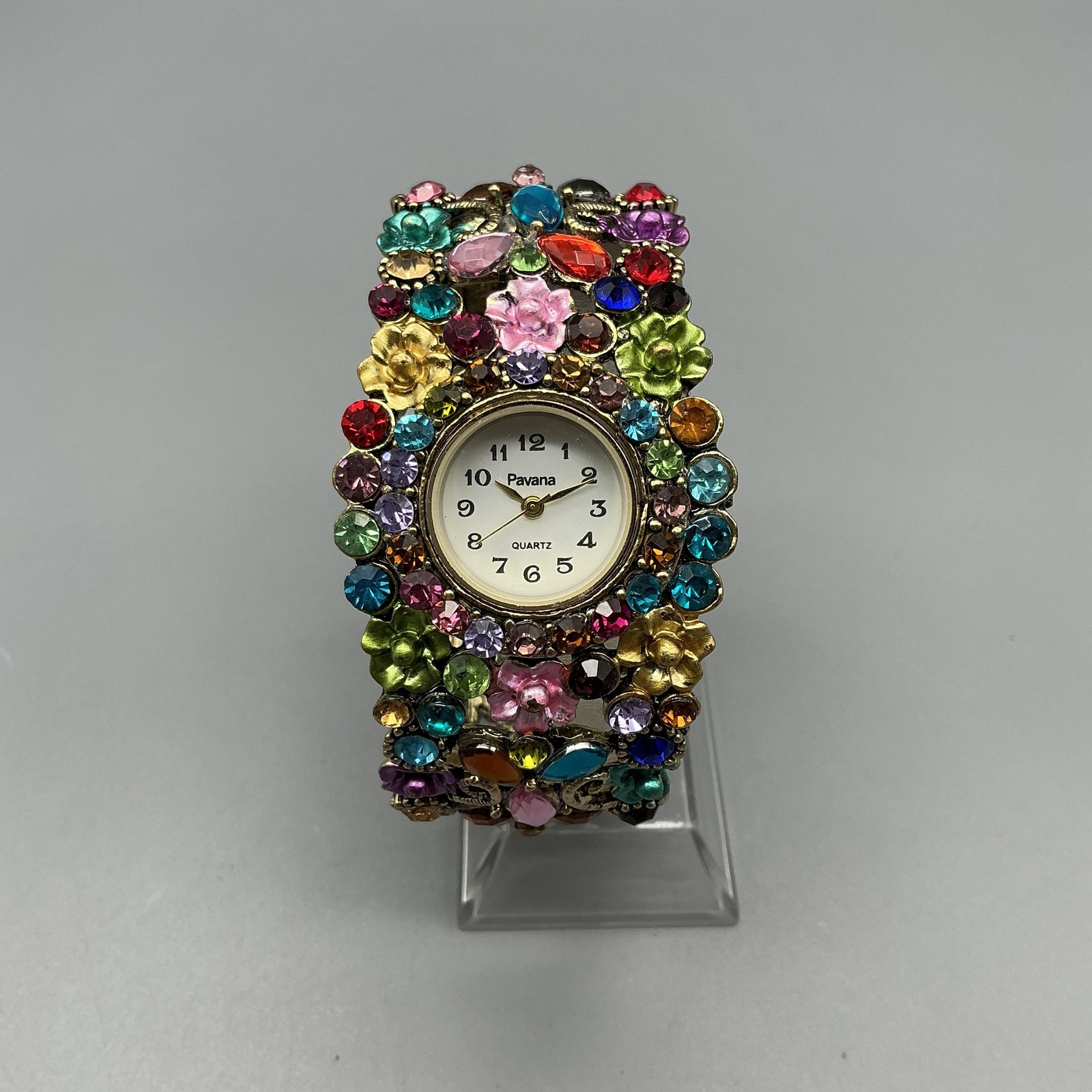 Pavana Womens Watch 28mm Multicolor Crystal Floral Bangle Cuff New Battery