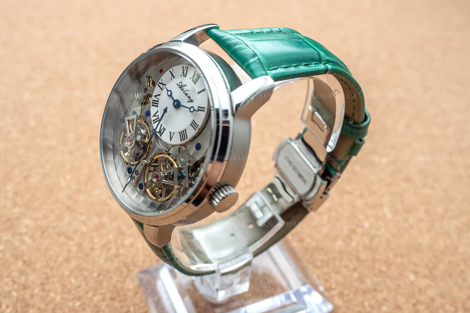 Mens Double Flywheel Automatic Mechanical Watch Silver White Dial Green Leather