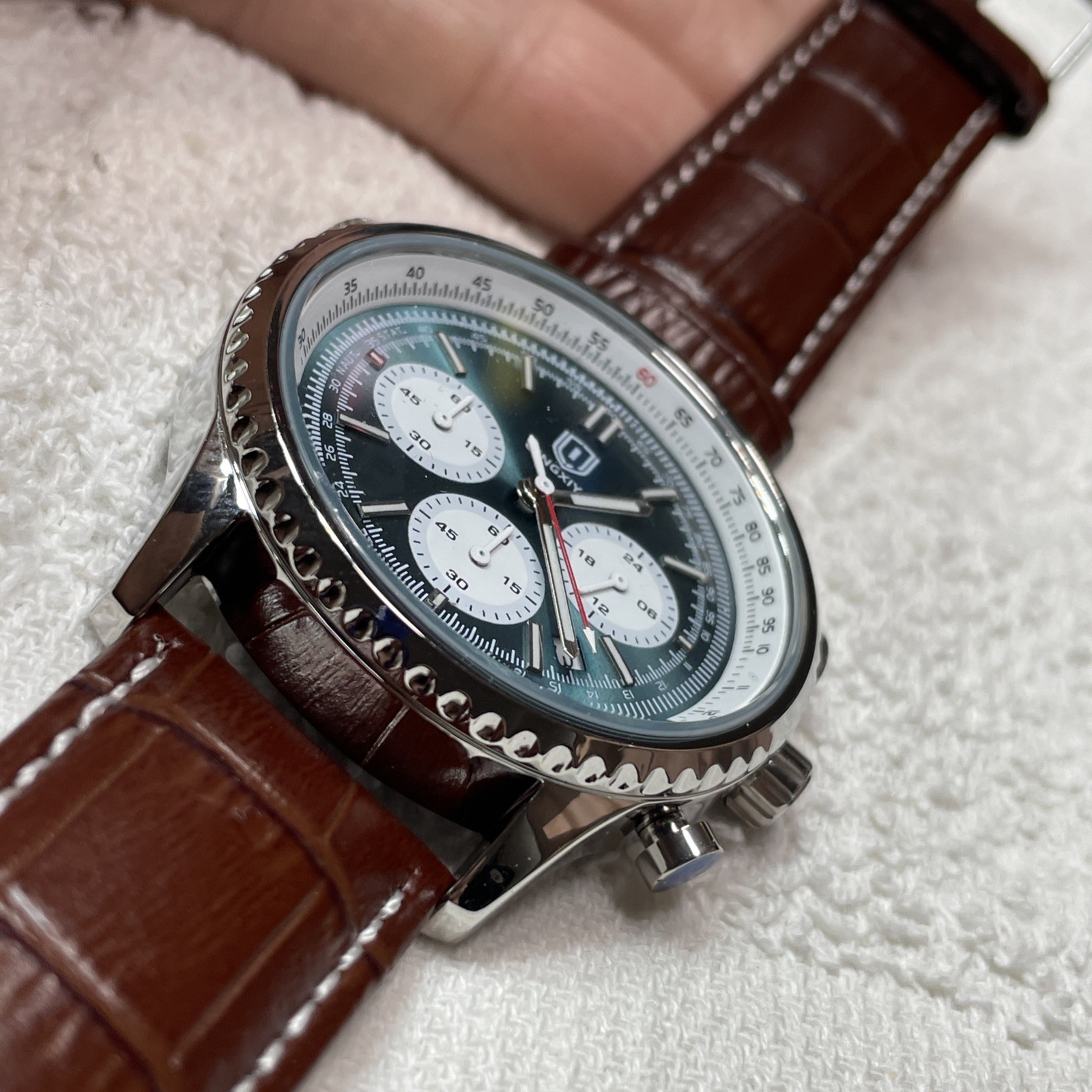 43MM QINGXIYA Men’s Chronograph Watch Leather Strap Tested USA ships