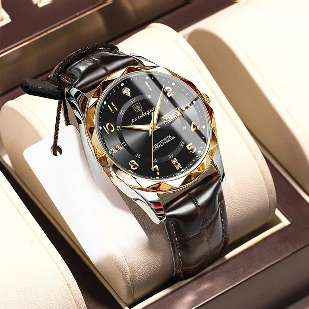 Mens Calendar Watch Quartz Wristwatch Man Leather Watches Waterproof Luminous