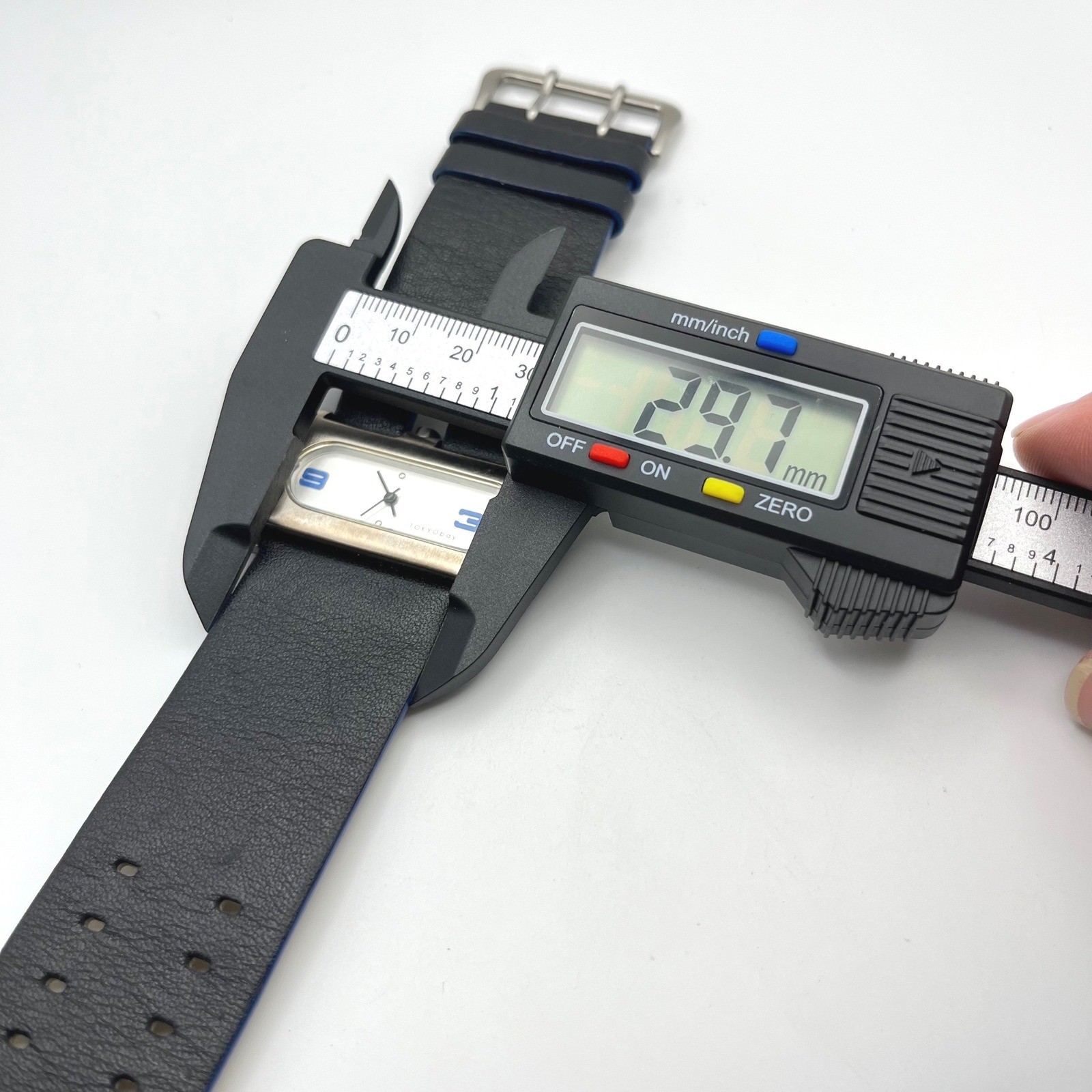 TOKYObay Rectangular Watch Black Leather Wide Strap Blue Accents Brushed Silver