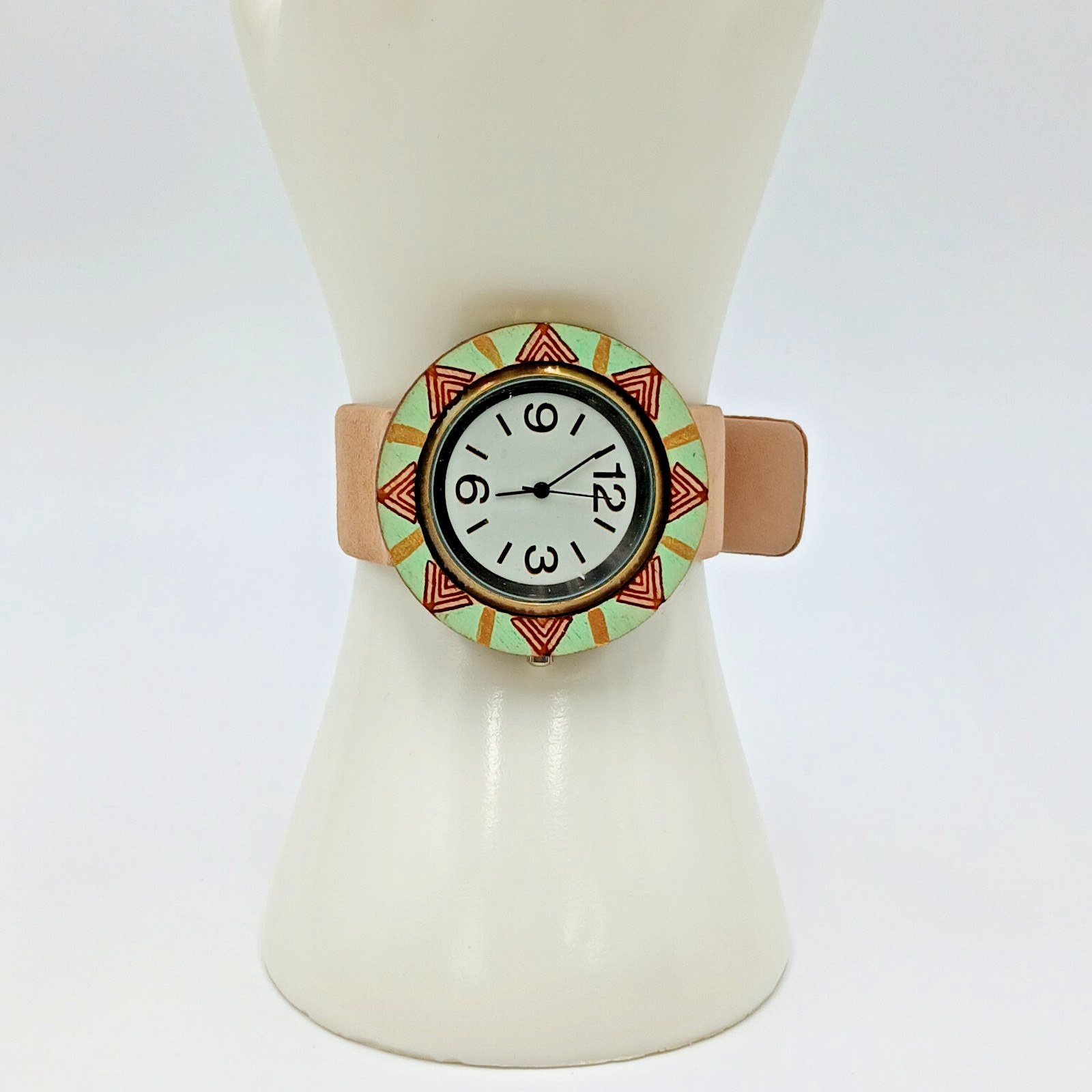 B Swap Watch 8in Wrist Tan Suede Hand Painted Aztec Teal Bezel Quartz WORKS