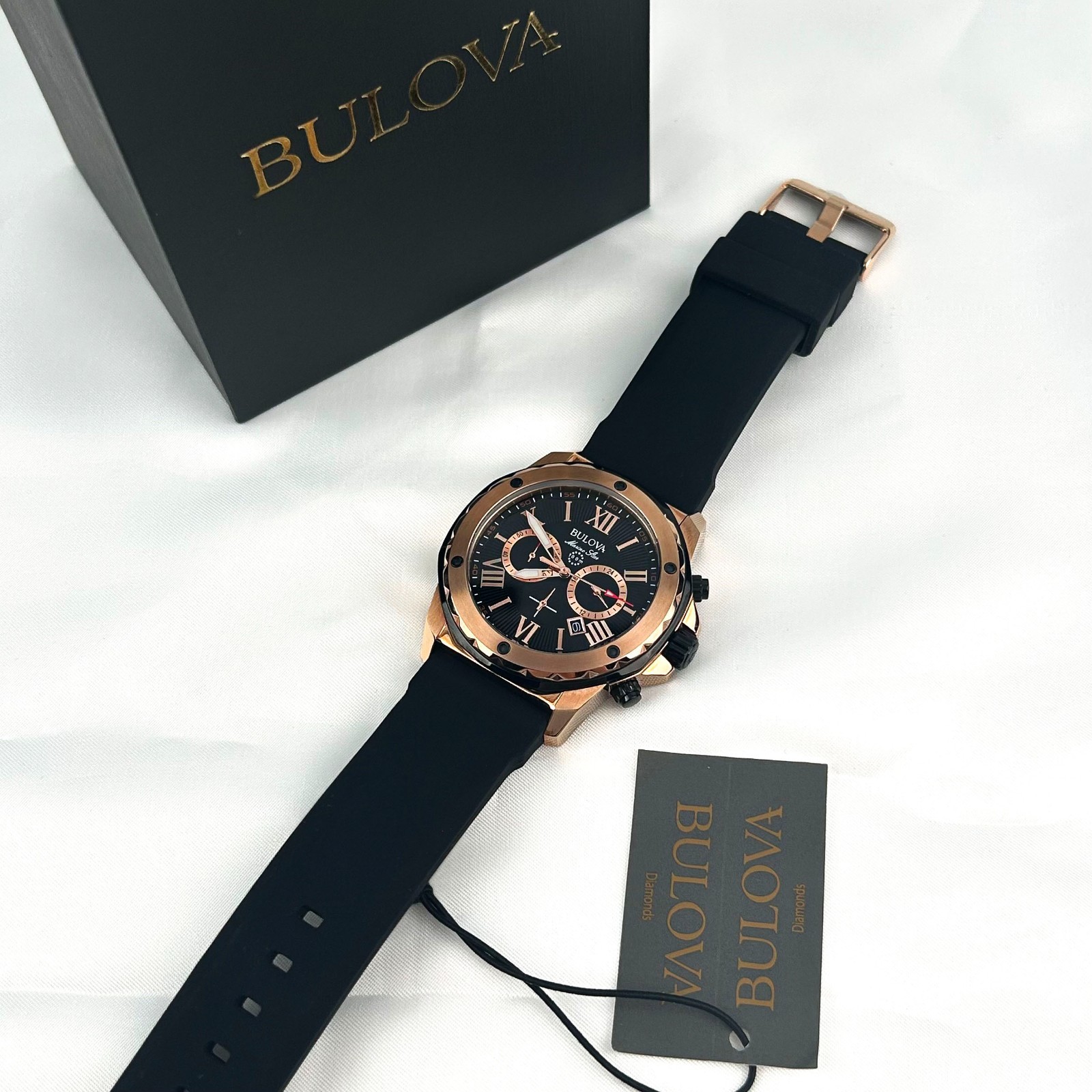 New w/box/Bulova Men’s Marine Star 98B104 Black Dial Silicone Strap Quartz Watch