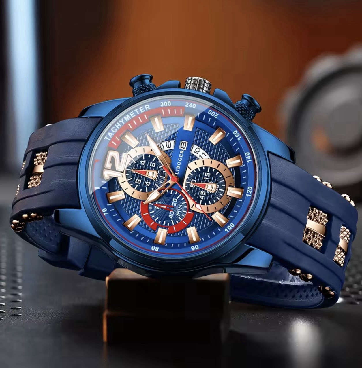 LIBOGER Men’s Chronograph Quartz Watch Tachymeter 47mm Blue Dial Silicone