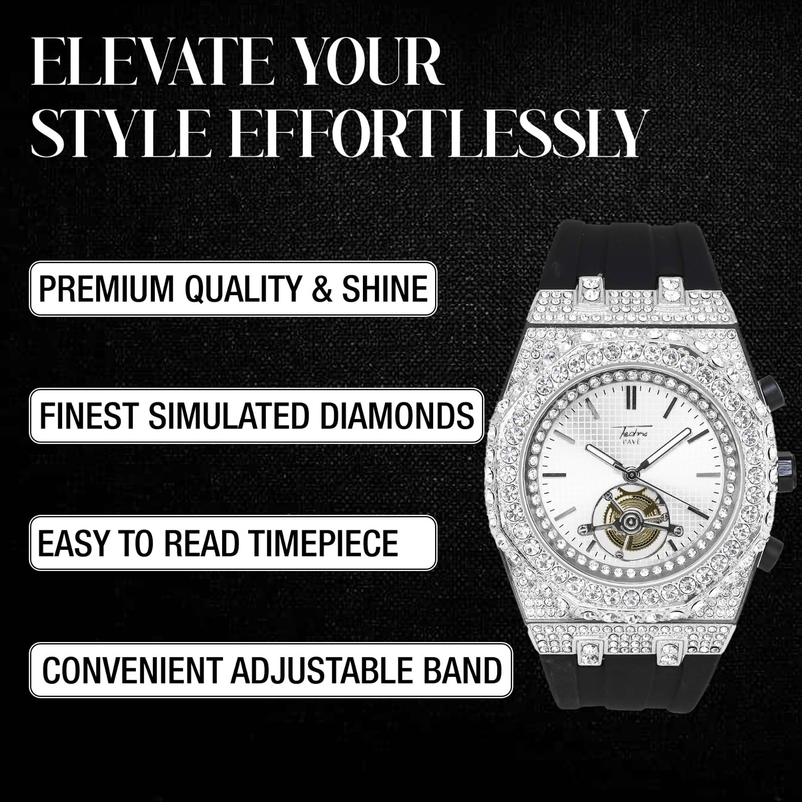Men’s 43mm Iced Out Octagonal Watch, Silicone Band, Stylish & Durable Timepiece