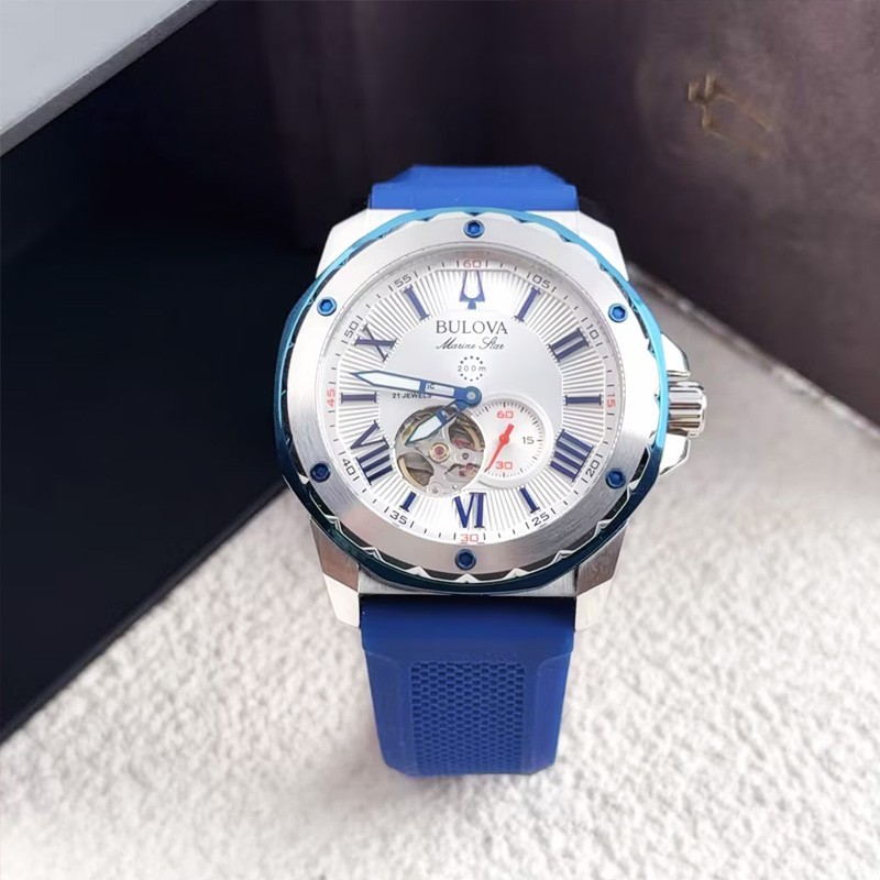 Bulova 98A225 Marine Star A Men’s Automatic Watch White Dial Blue Strap 45mm