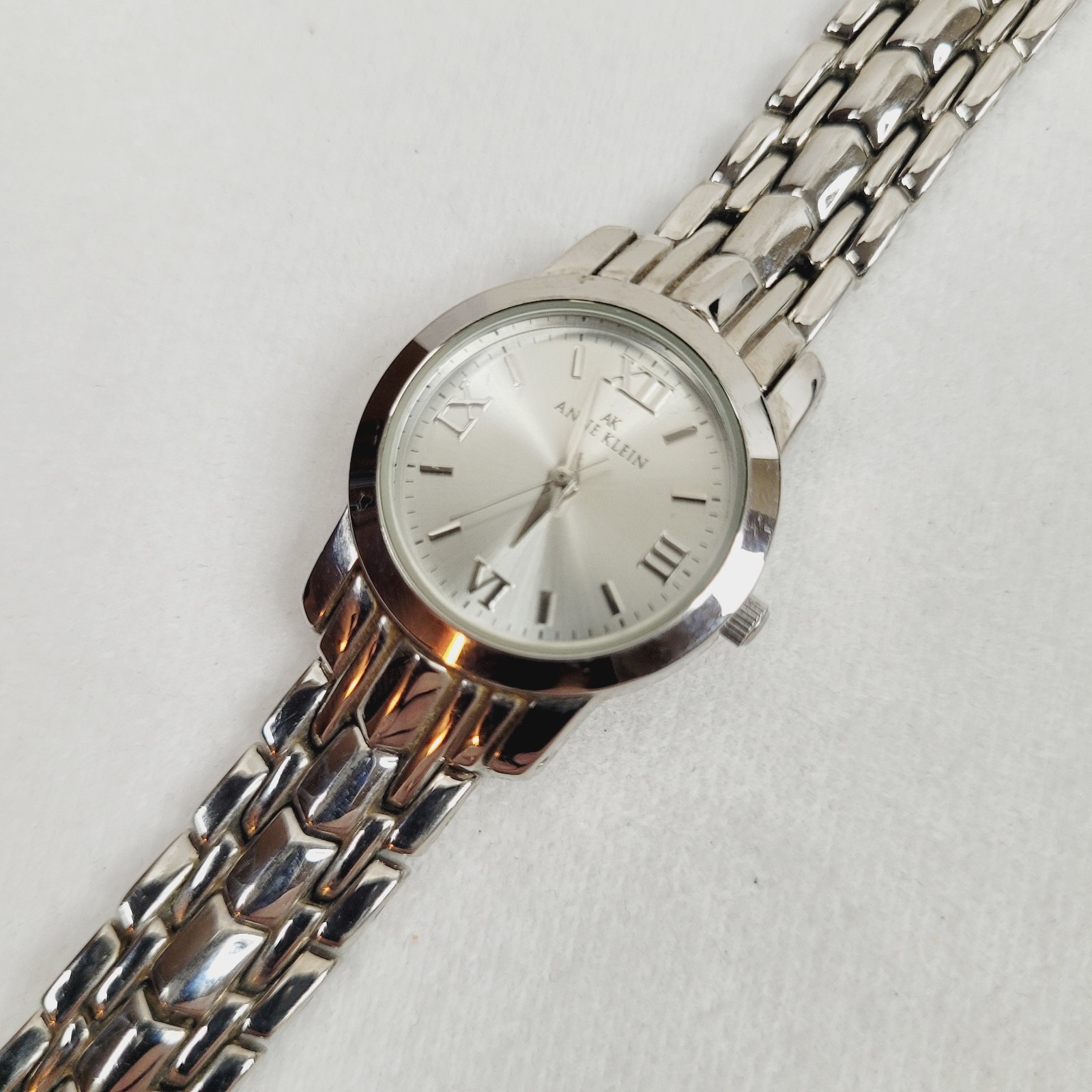 Anne Klein Bracelet Watch Silver Tone White Face Quartz Working Folding Clasp 7″