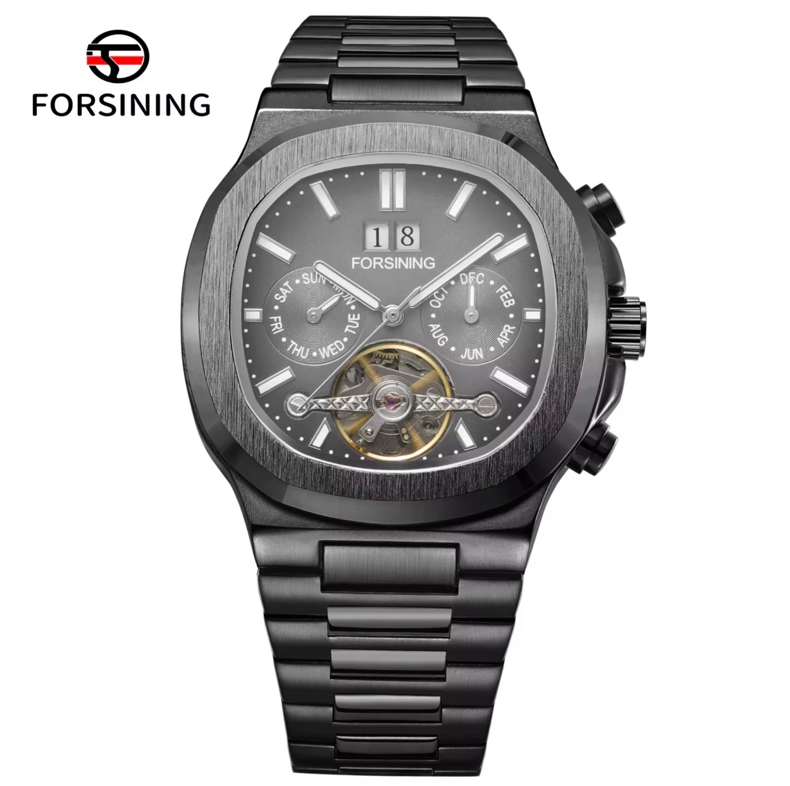 FORSINING Brand Tourbillon Men’s Automatic Mechanical Stainless Steel Band Watch