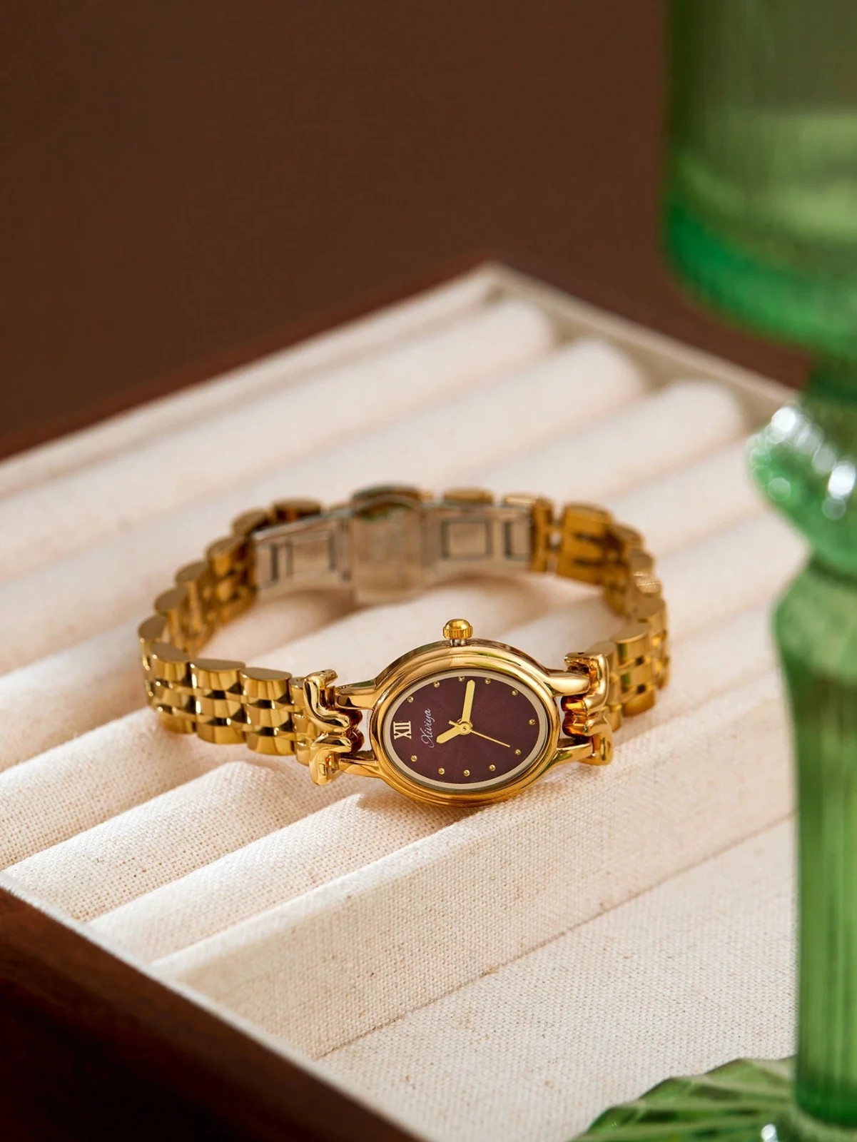 Gold and Burgundy French Vintage Style Unique Dainty Women’s Wrist Watch