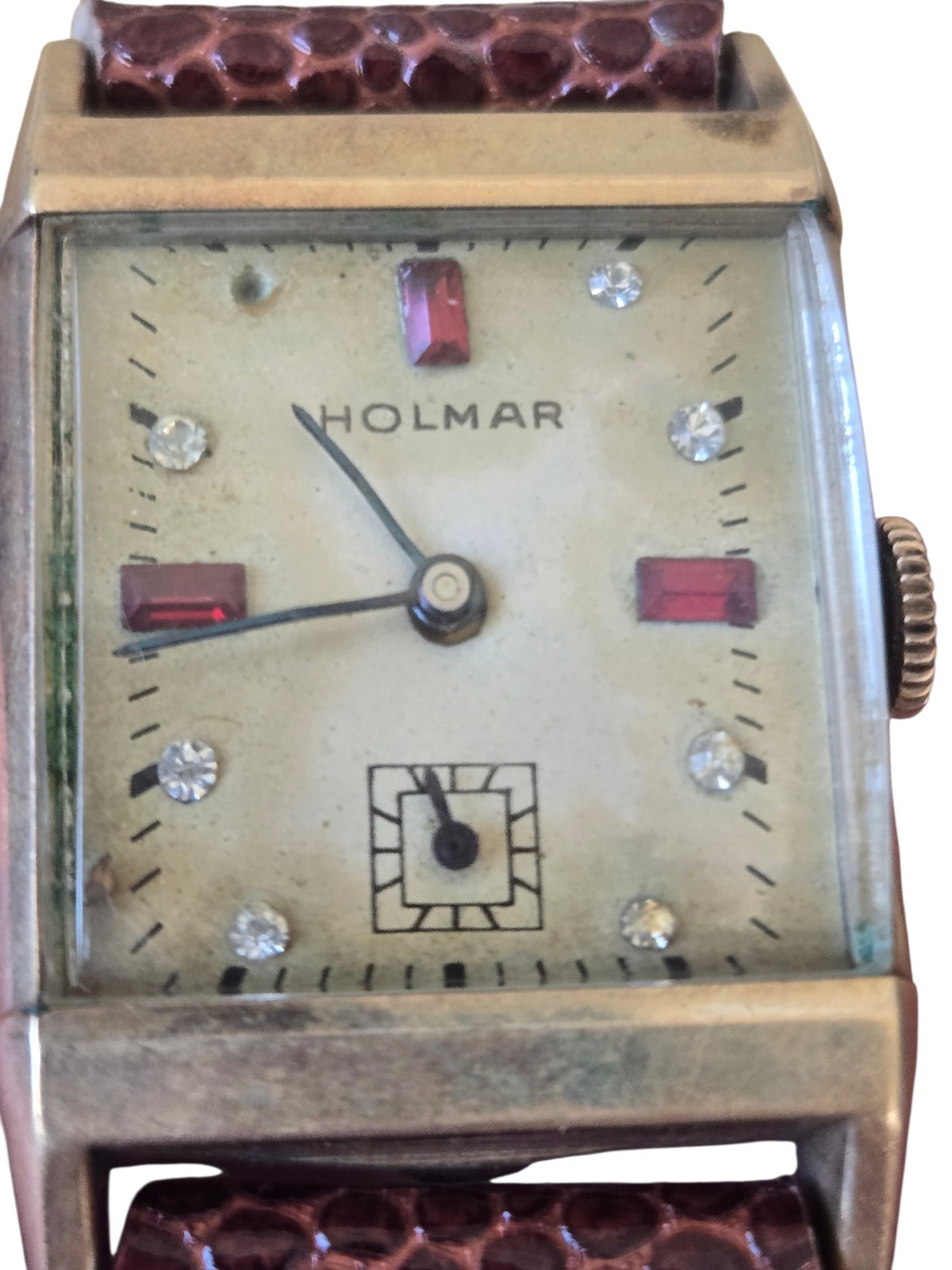 Vintage Holmar Ruby Diamond Chip Marker Gotham Movement Tank Wrist Watch