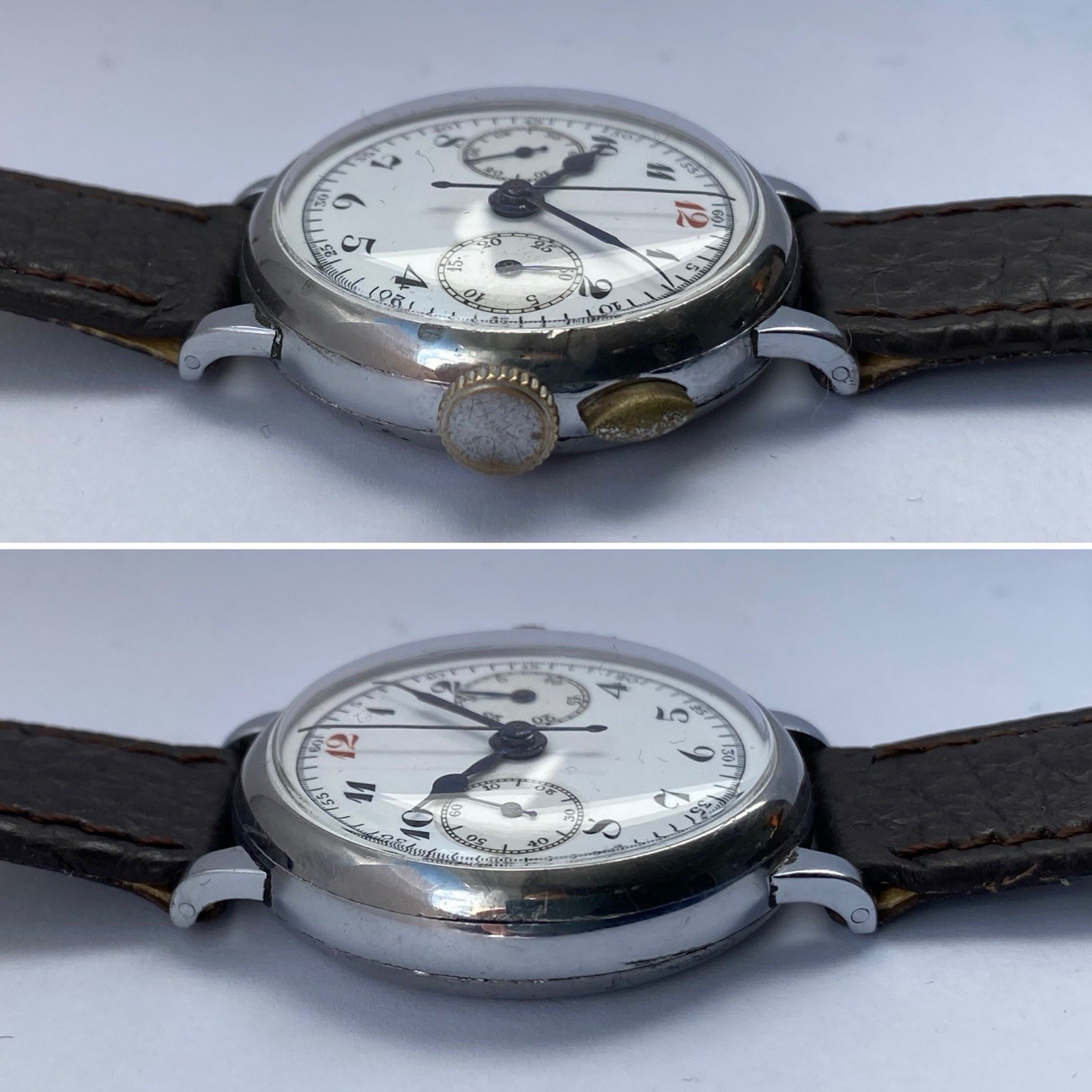 1920s Enamel dial Monopusher chronograph watch Lemania 13CH movement