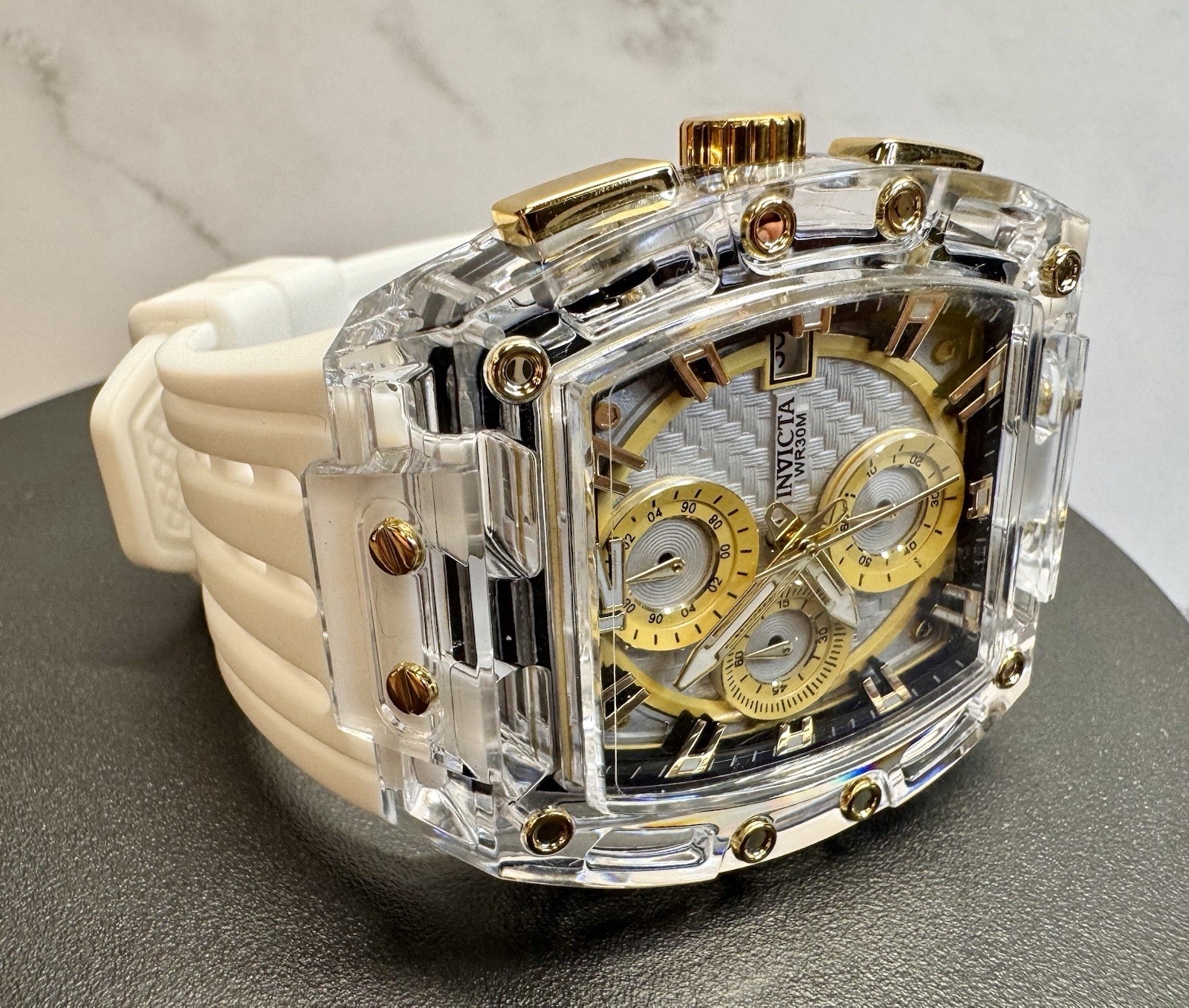 Invicta S1 Rally Allogrip 70147 42mm Clear/Gold Case White Strap Chronograph NIB