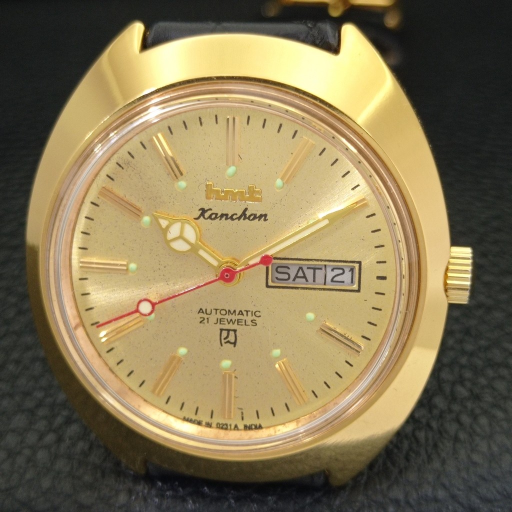VINTAGE HMT KANCHAN 6501 AUTOMATIC INDIAN MENS GOLDEN COLOR DIAL WATCH a440939-1