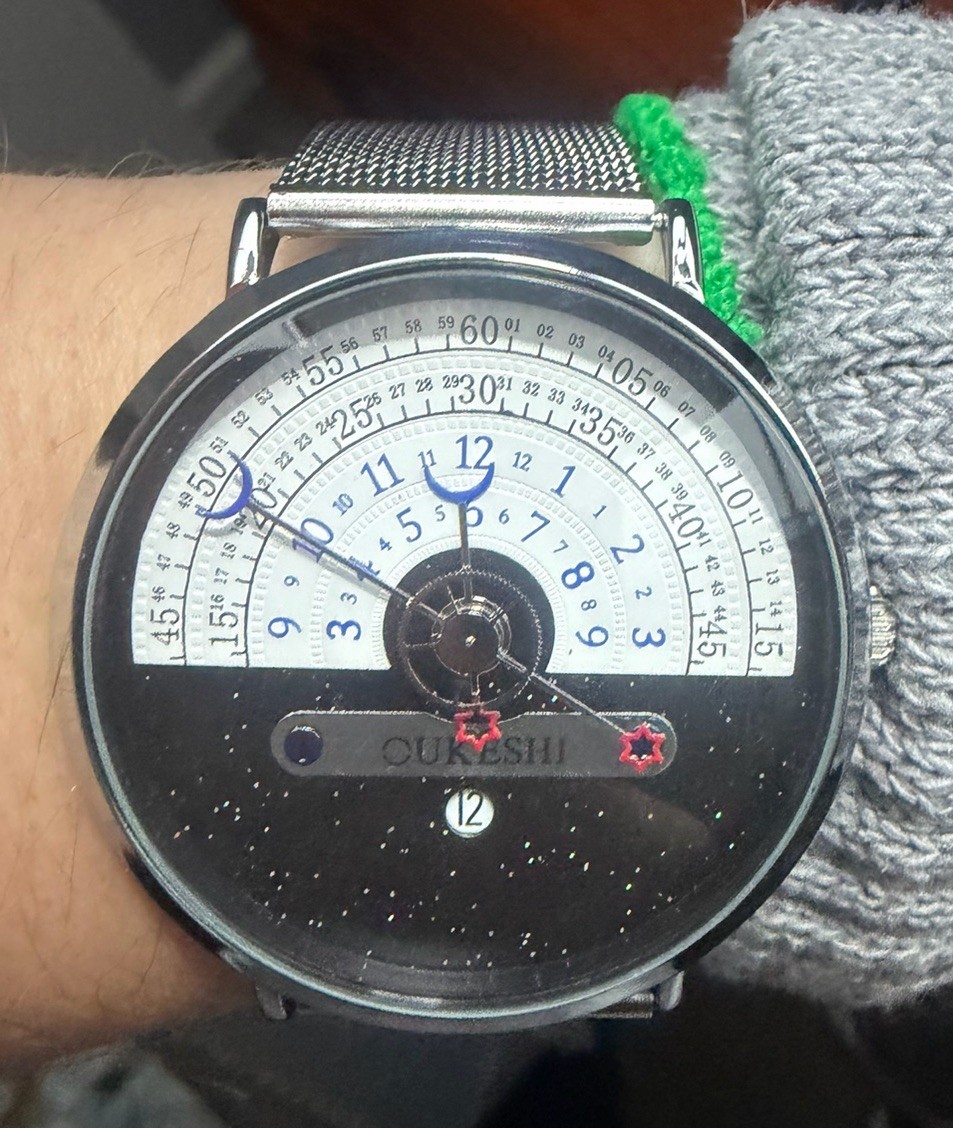 OUKESHI Orbit Dial Quartz Watch Mens Moon and Stars Pointer Steel Mesh Band