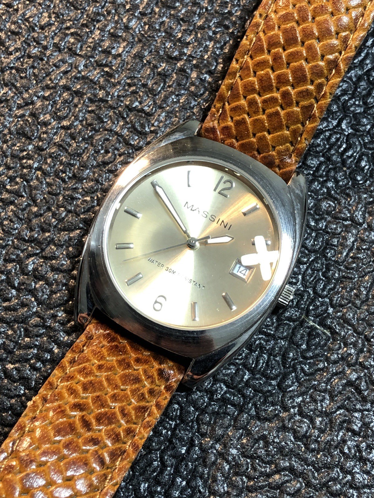 Massini Watch Silver Tone Brown Leather Band Japan Quartz,Date,35mm New Battery